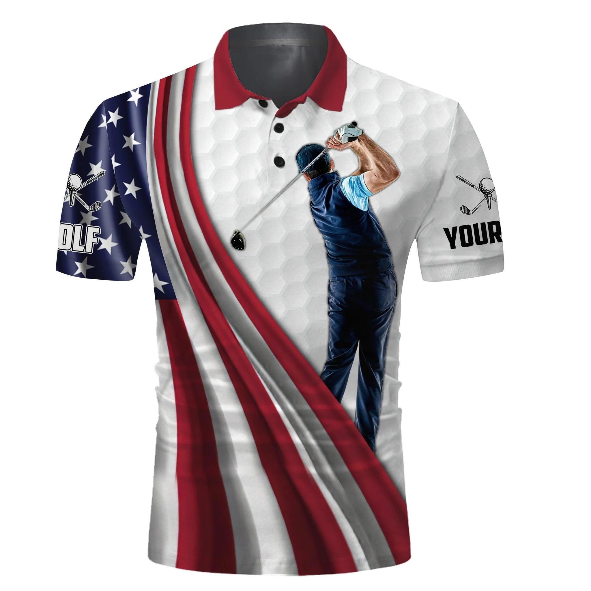4th of July Golf Men Polo Shirt - Custom Name White Golf American Flag 4th of July Polo Shirts - Personalized Custom Name White Men Golf Polo Shirts