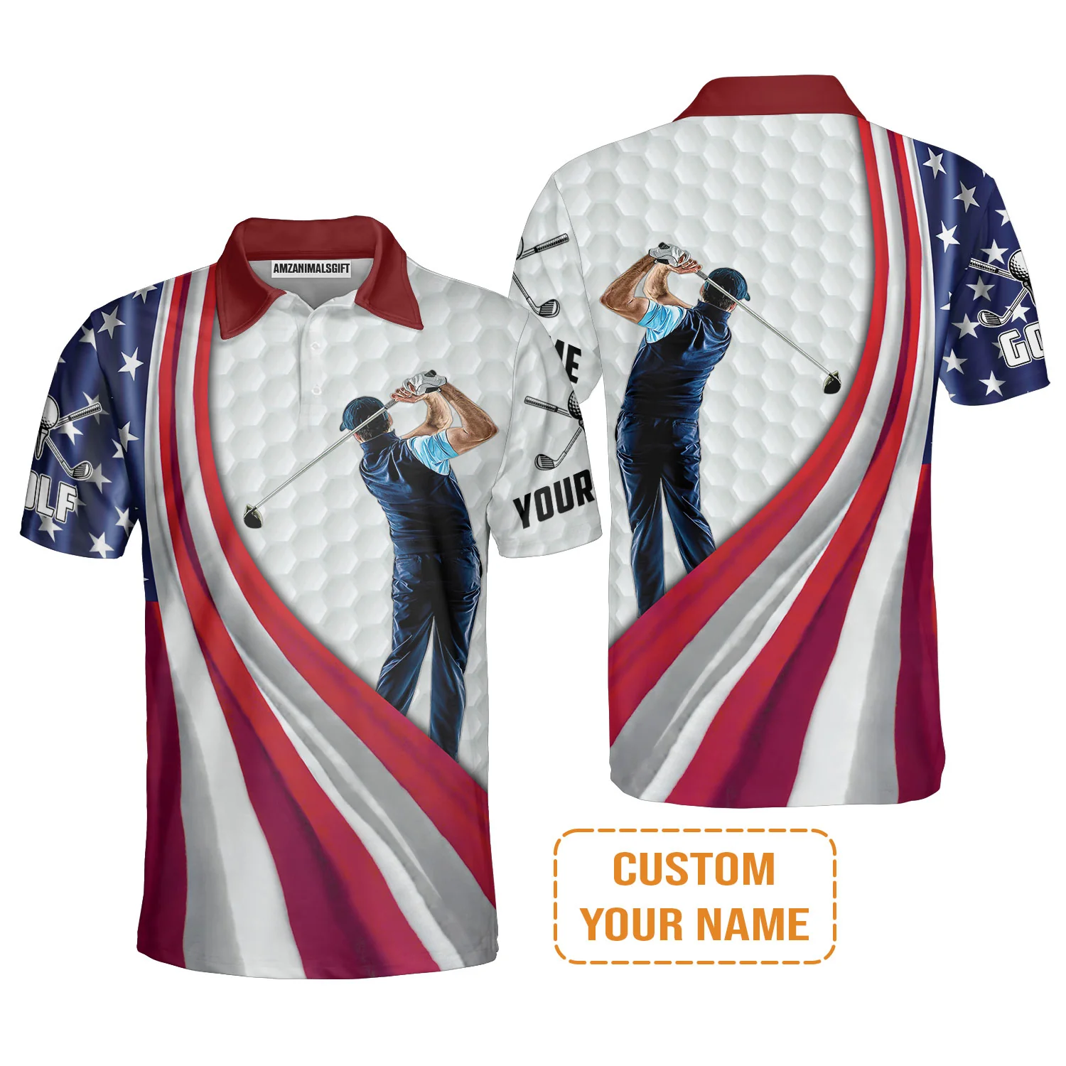 4th of July Golf Men Polo Shirt - Custom Name White Golf American Flag 4th of July Polo Shirts - Personalized Custom Name White Men Golf Polo Shirts - Image 2