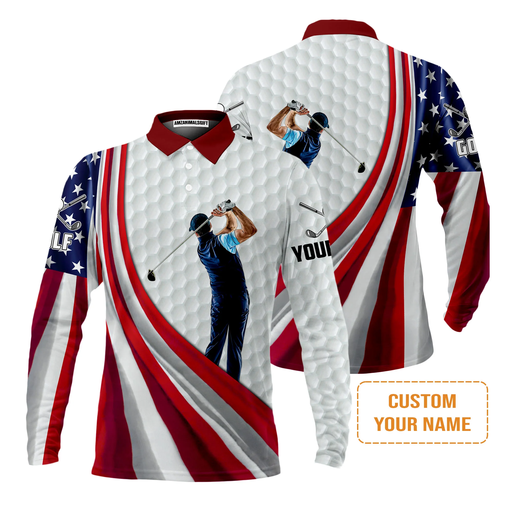 4th of July Golf Men Polo Shirt - Custom Name White Golf American Flag 4th of July Polo Shirts - Personalized Custom Name White Men Golf Polo Shirts - Image 3