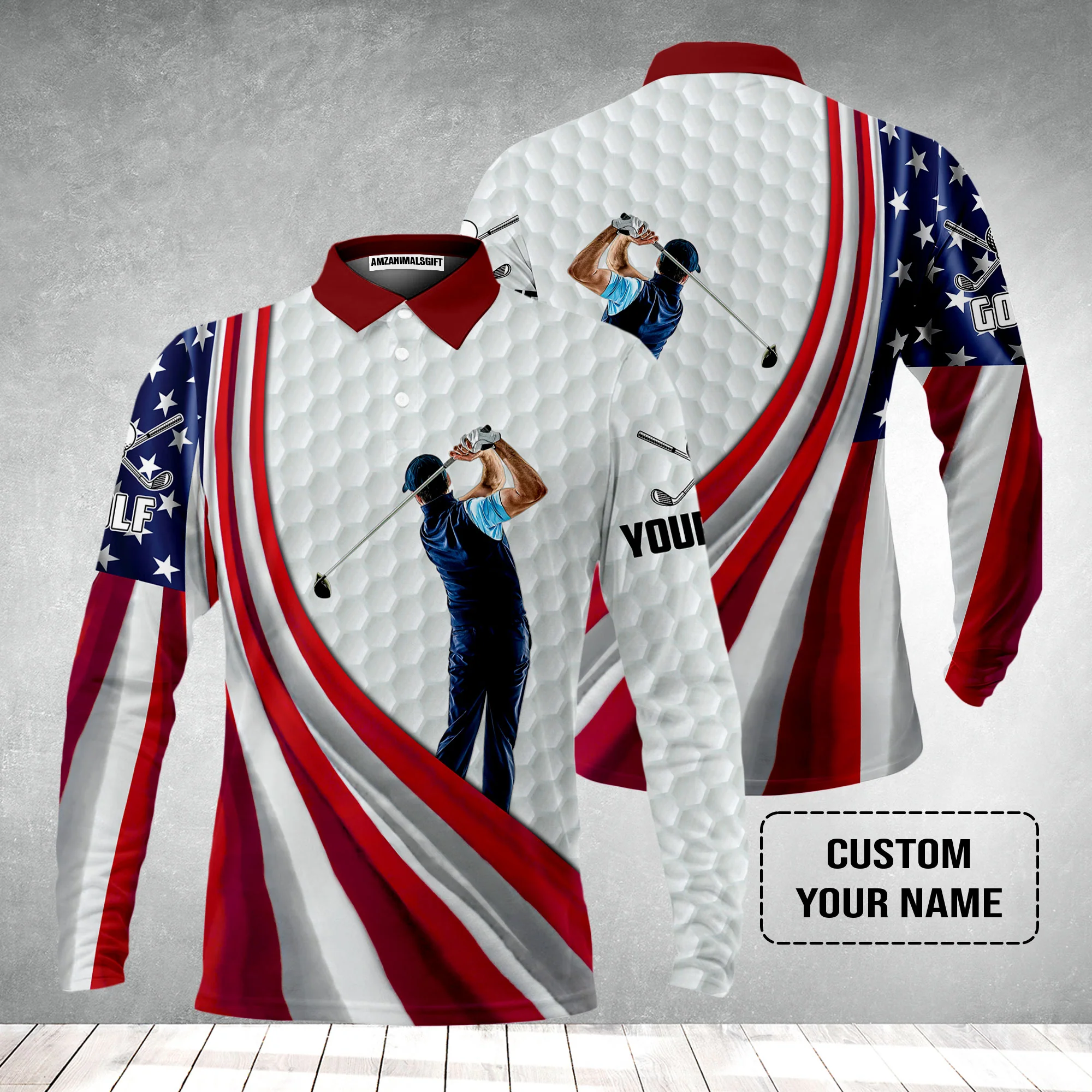 4th of July Golf Men Polo Shirt - Custom Name White Golf American Flag 4th of July Polo Shirts - Personalized Custom Name White Men Golf Polo Shirts - Image 4