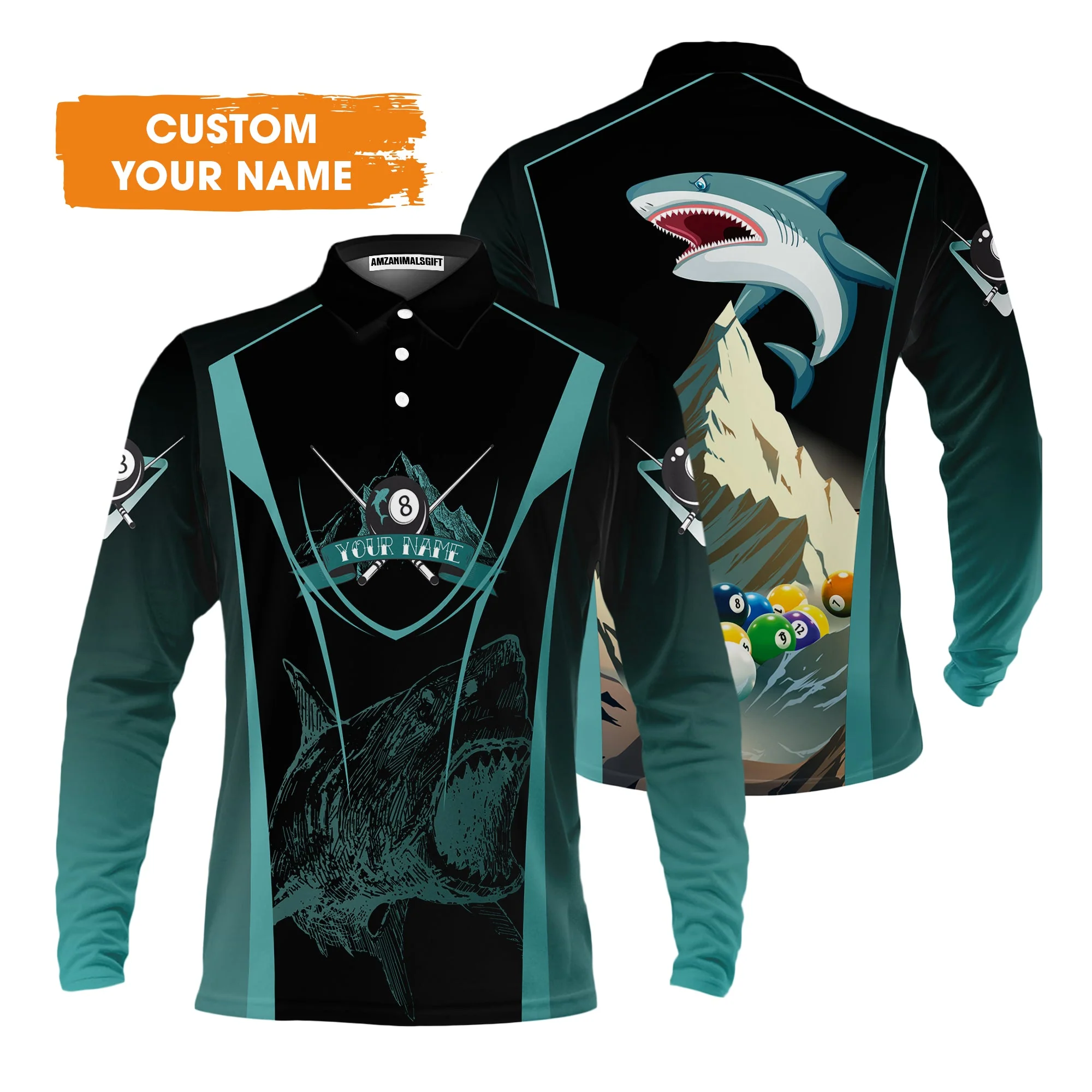 8 Ball Billiards Custom Name Men's Long Sleeve Polo Shirt, Personalized 8 Ball Sharks Men's Long Sleeve Polo Shirt - Best Gift For Billiards Lovers