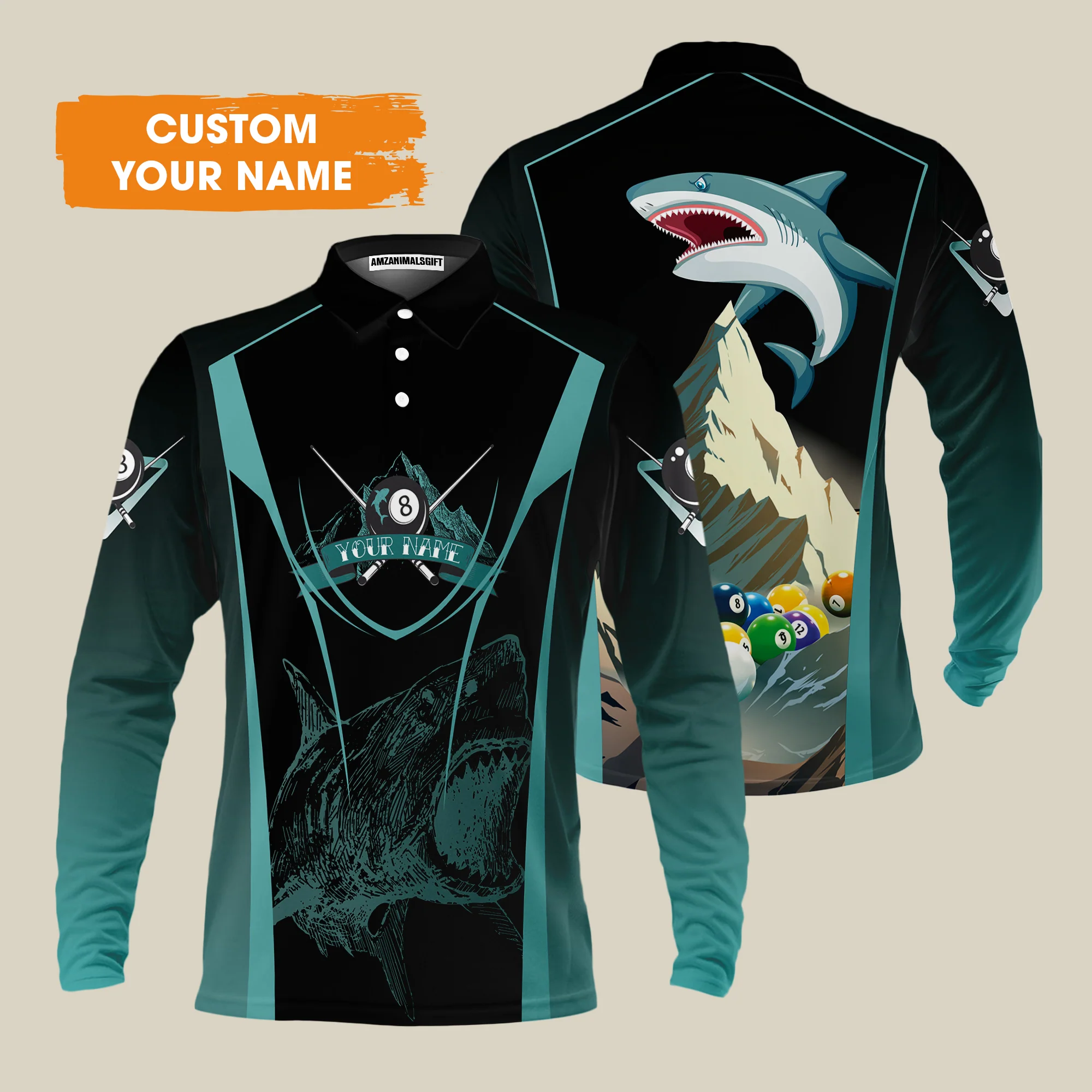 8 Ball Billiards Custom Name Men's Long Sleeve Polo Shirt, Personalized 8 Ball Sharks Men's Long Sleeve Polo Shirt - Best Gift For Billiards Lovers - Image 2