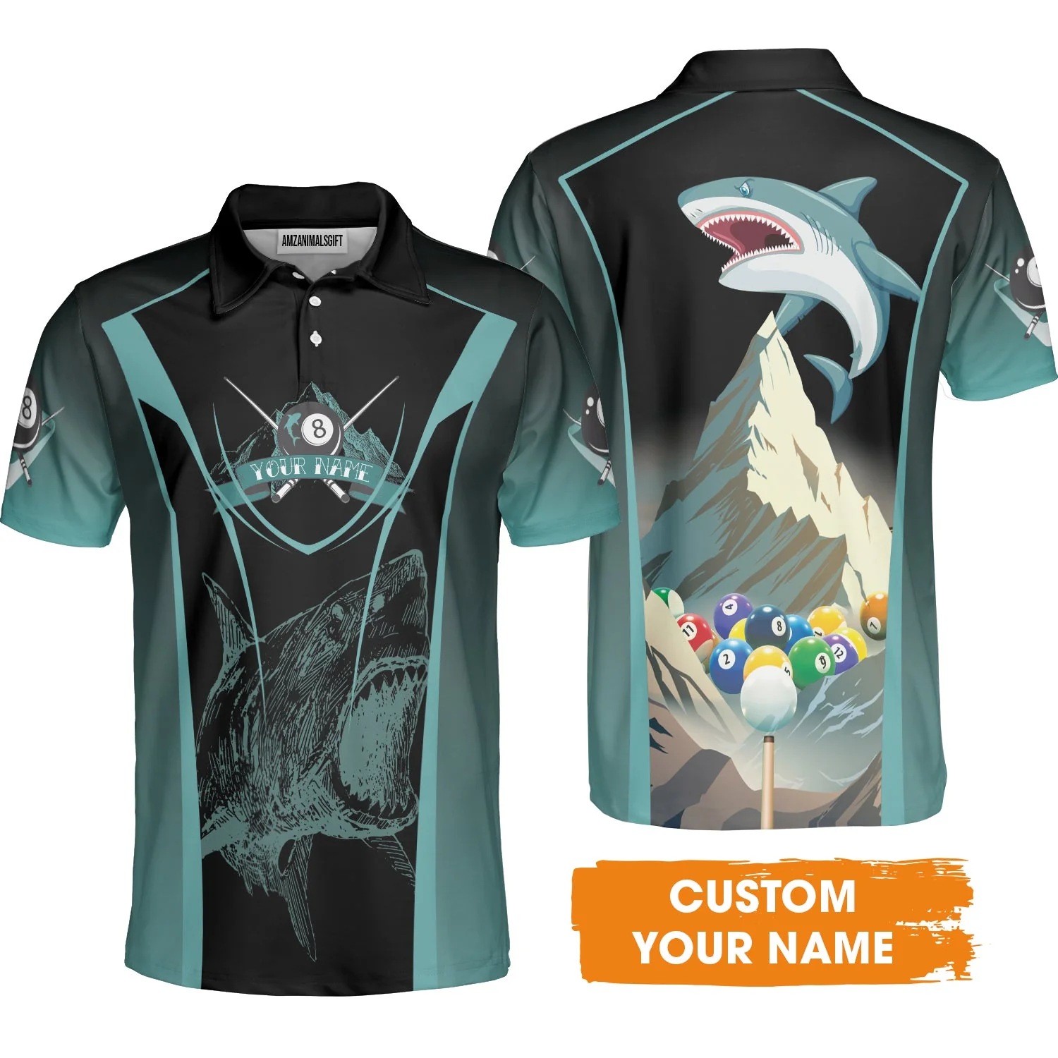 8 Ball Billiards Custom Name Men's Long Sleeve Polo Shirt, Personalized 8 Ball Sharks Men's Long Sleeve Polo Shirt - Best Gift For Billiards Lovers - Image 3