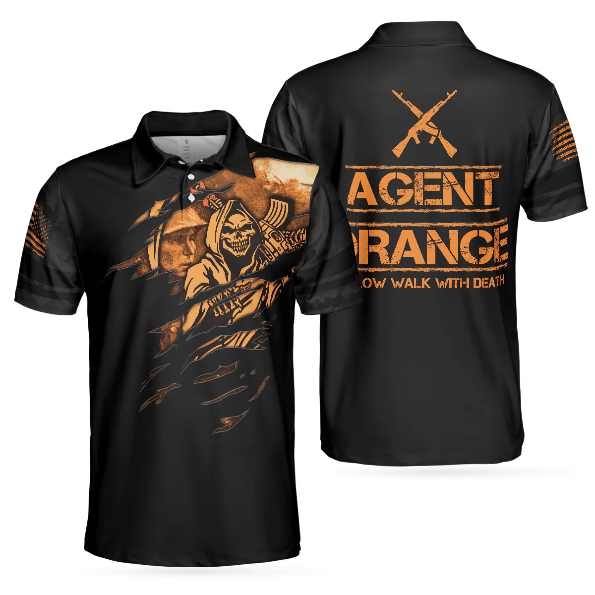 Agent Men Polo Shirt, Orange Dioxin A Slow Walk With Death, Black Reaper American Flag Polo Shirt For Men - Gift For Agent, Family, Friends - Image 2