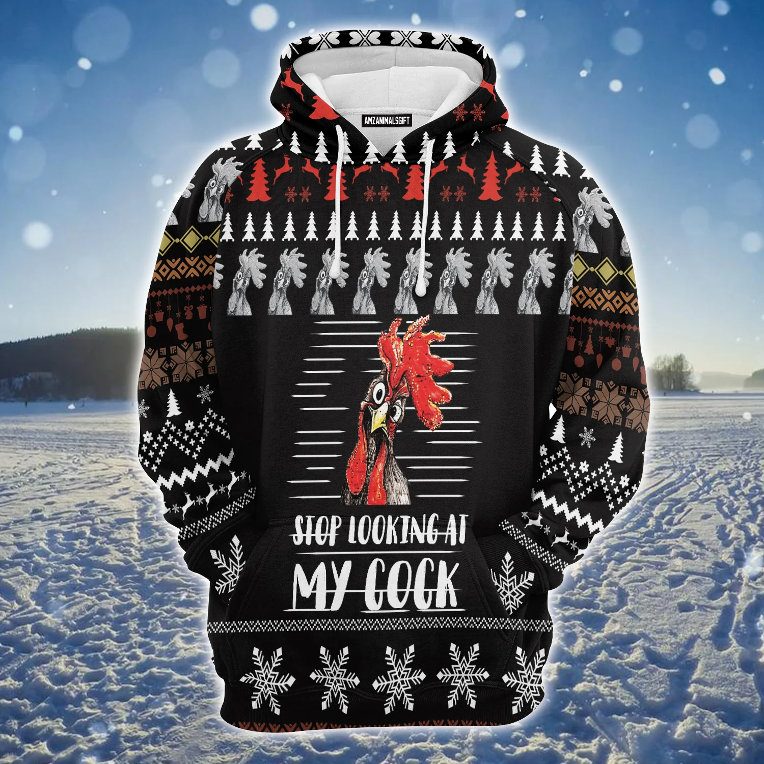 Amazing Chicken Premium Christmas Hoodie, Stop Looking At My Cock Unisex Hoodie For Men & Women - Perfect Gift For Christmas, Friends, Family - Image 2