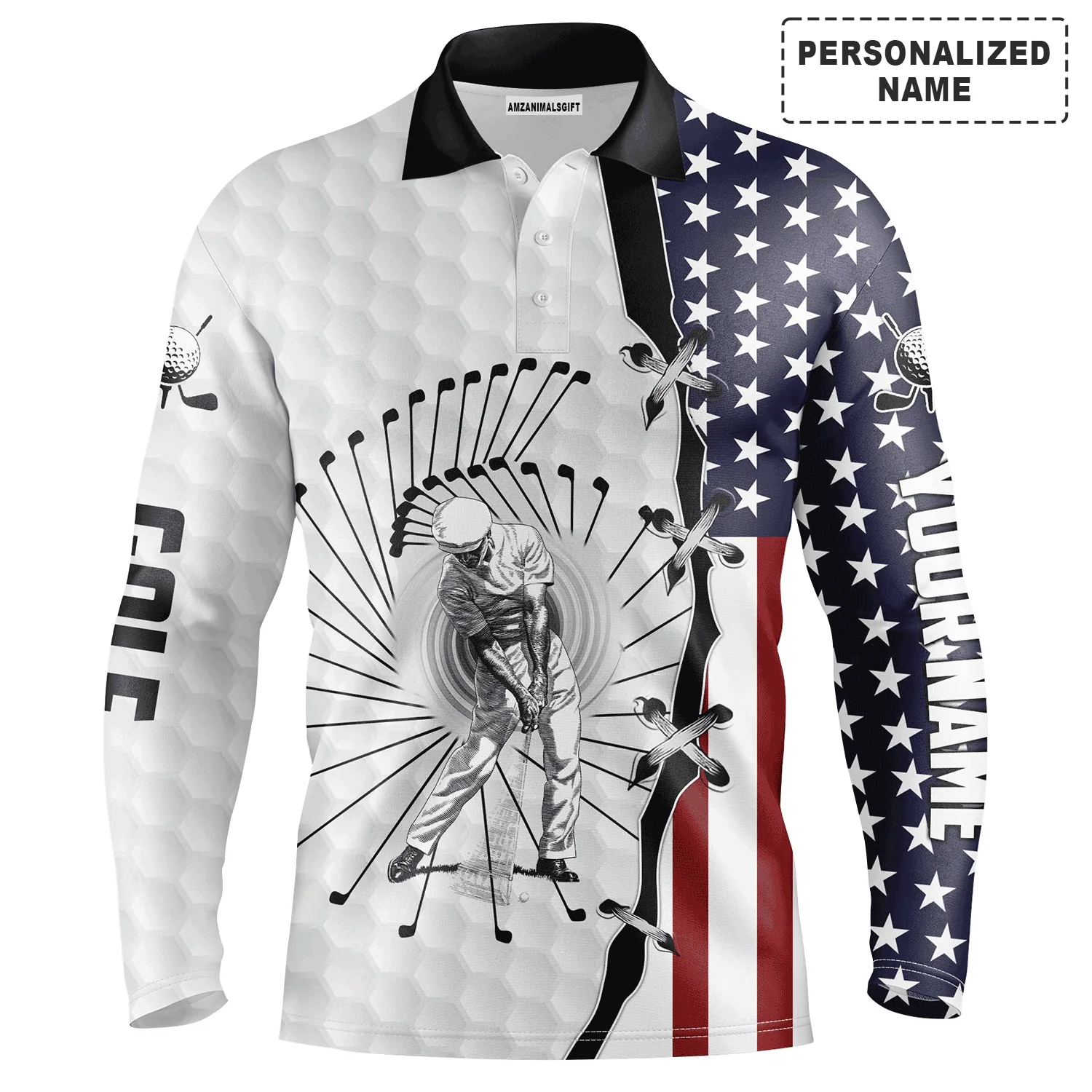 American Flag 4th of July Custom Name Golf Men Polo Shirt - American Flag Apparel - Personalized Gift For Golf Lover, Husband, Boyfriend, 4th Of July - Image 2