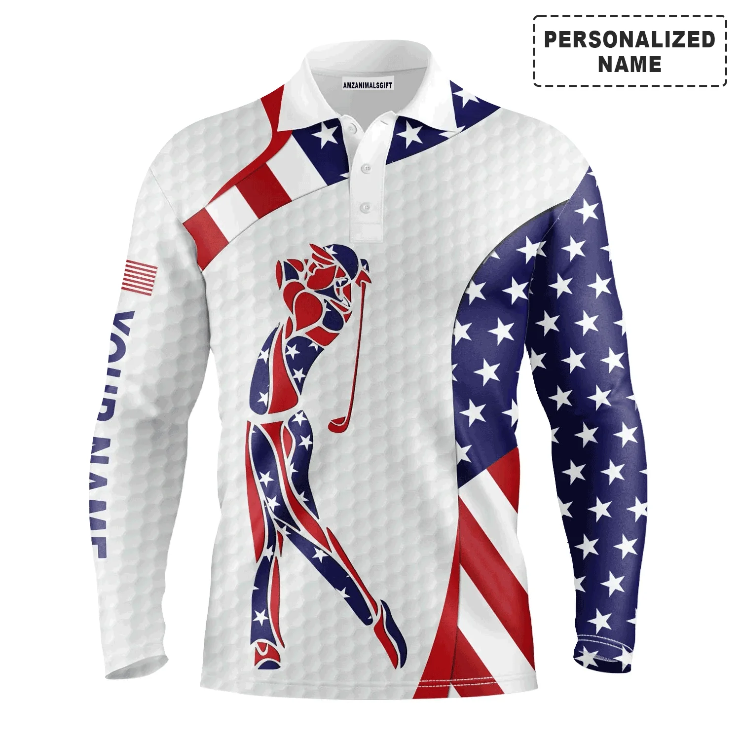 American Flag 4th of July Golf Long Sleeve Men Polo Shirt - Custom Name American Flag Polo Shirts - Personalized Gift For Men, Golf Lover - Image 2