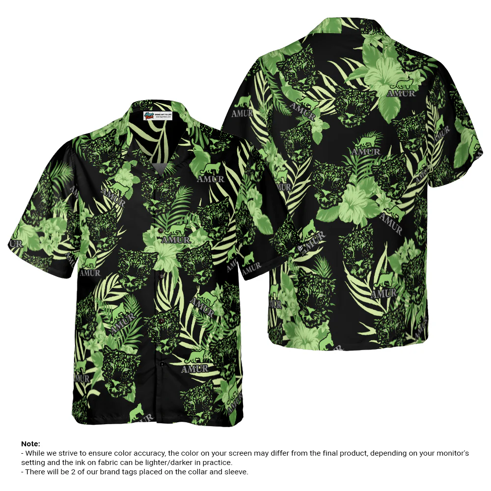 Amur Leopard Aloha Hawaiian Shirt For Summer, Amur Leopard Hibiscus Pattern Black Hawaiian Shirt For Men Women, Gift For Friend, Family, Team