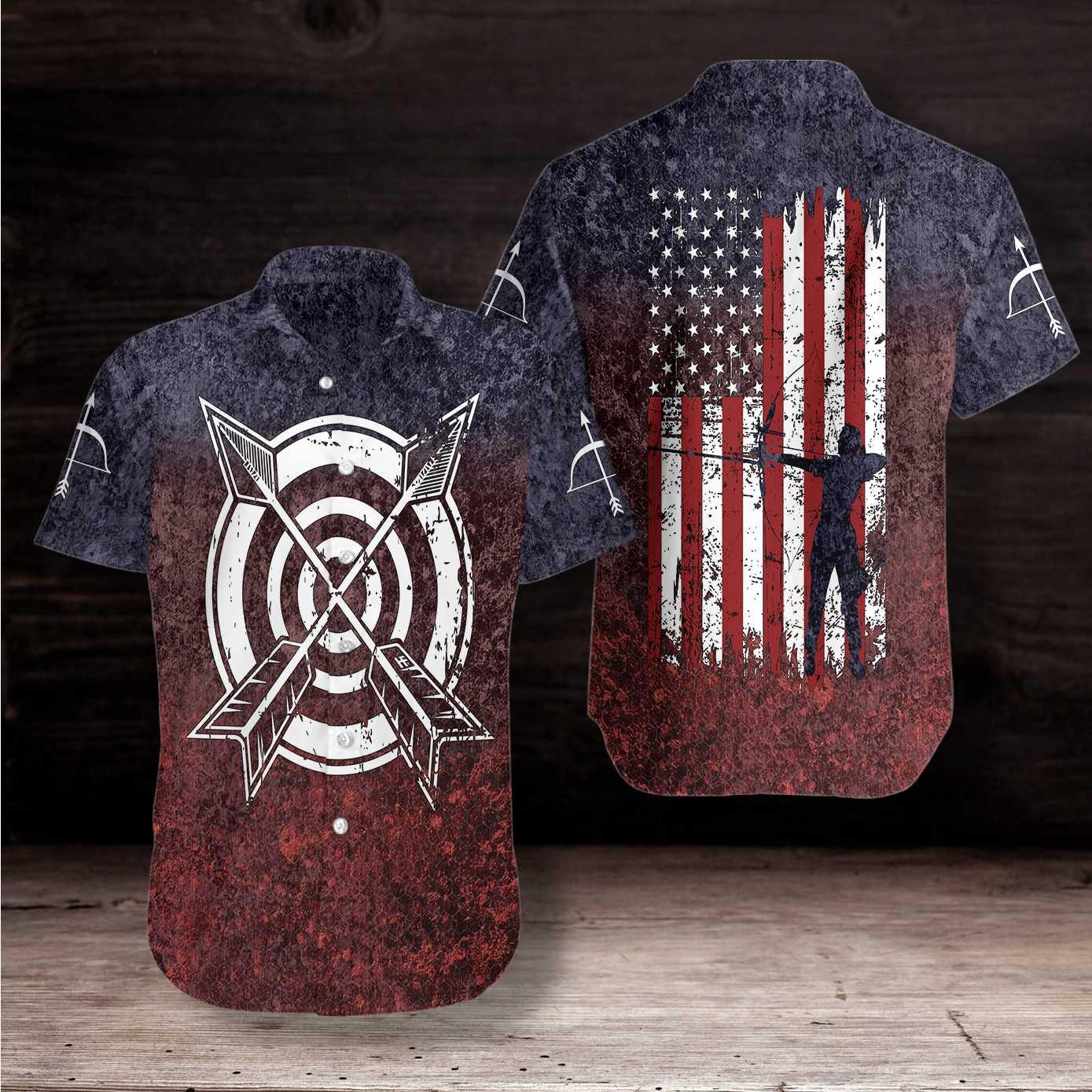 Archery USA Flag Aloha Hawaiian Shirt For Summer, American Flag Cool Hawaiian Shirts Outfit For Men Women, Friend, Team