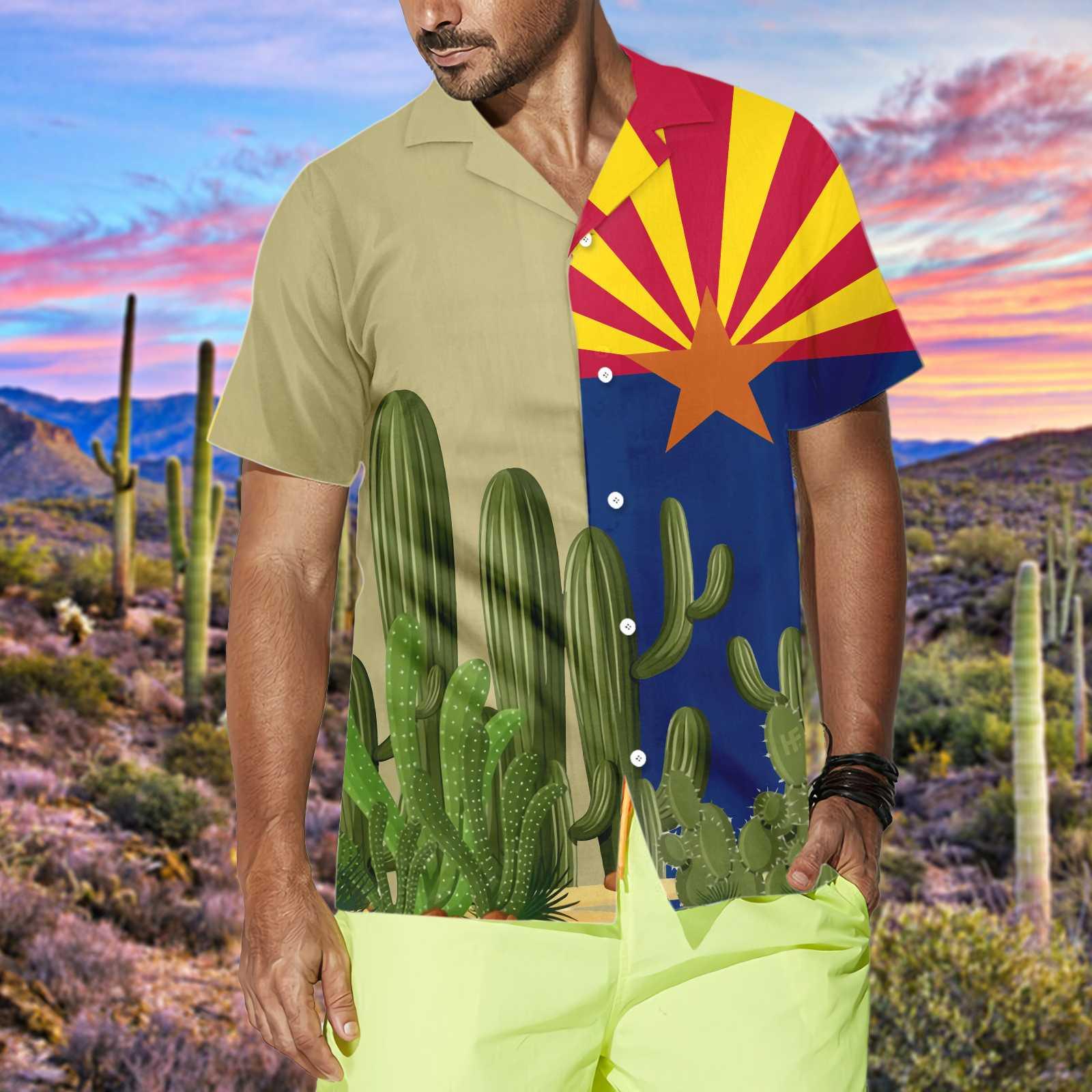 Arizona Flag Saguaro Hawaiian Shirt, Colorful Summer Aloha Shirts For Men Women, Perfect Gift For Husband, Wife, Boyfriend, Girlfriend - Image 2