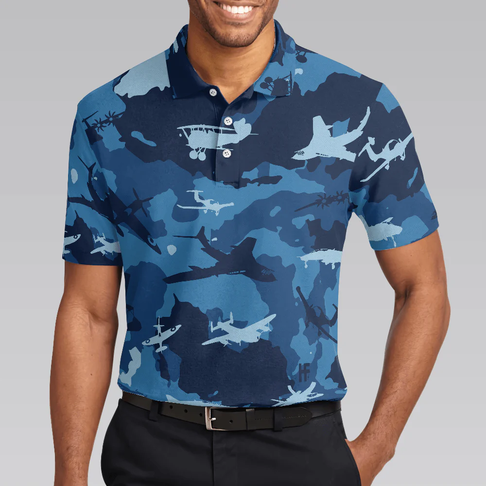 Army Men Polo Shirt, Aircraft Ocean Blue Camouflage Polo Shirt, Best Camo Shirt For Men - Best Gift For Army, Family, Friends - Image 6