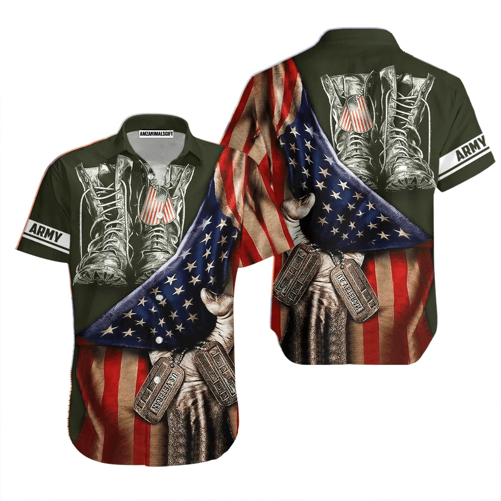 Army Veteran US American Flags And Shoes Black Aloha Hawaiian Shirts For Men Women, 4th Of July Gift For Summer, Friend, Family, Independence Day