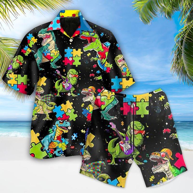 Autism Dinosaur Aloha Hawaiian Shirt - Puzzle Hawaiian Shirt, Dinosaur Black Style Hawaiian Shirt For Men & Women, Dinosaur Lover