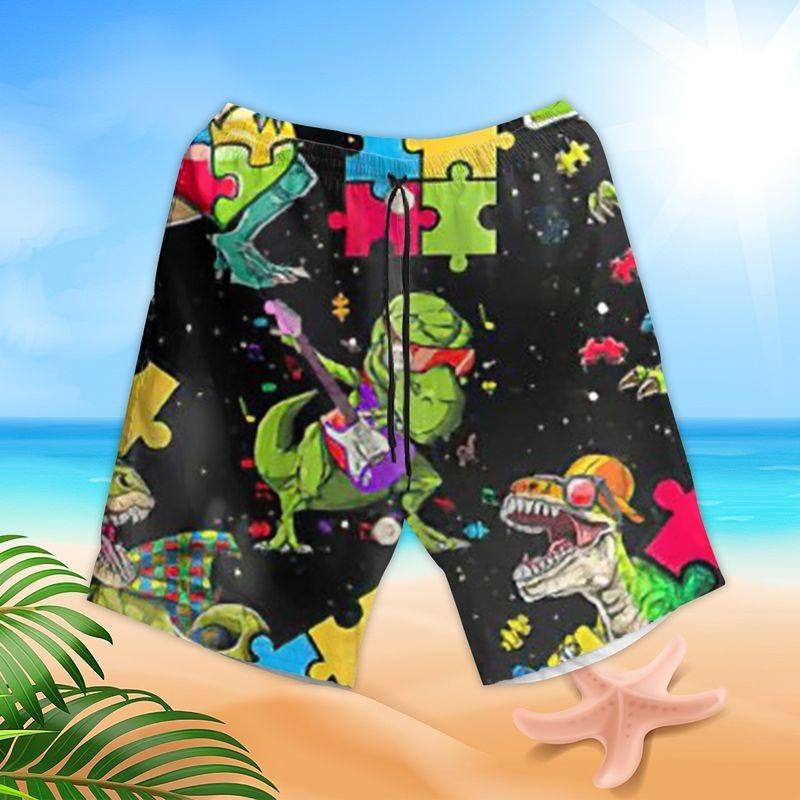 Autism Dinosaur Aloha Hawaiian Shirt - Puzzle Hawaiian Shirt, Dinosaur Black Style Hawaiian Shirt For Men & Women, Dinosaur Lover - Image 3