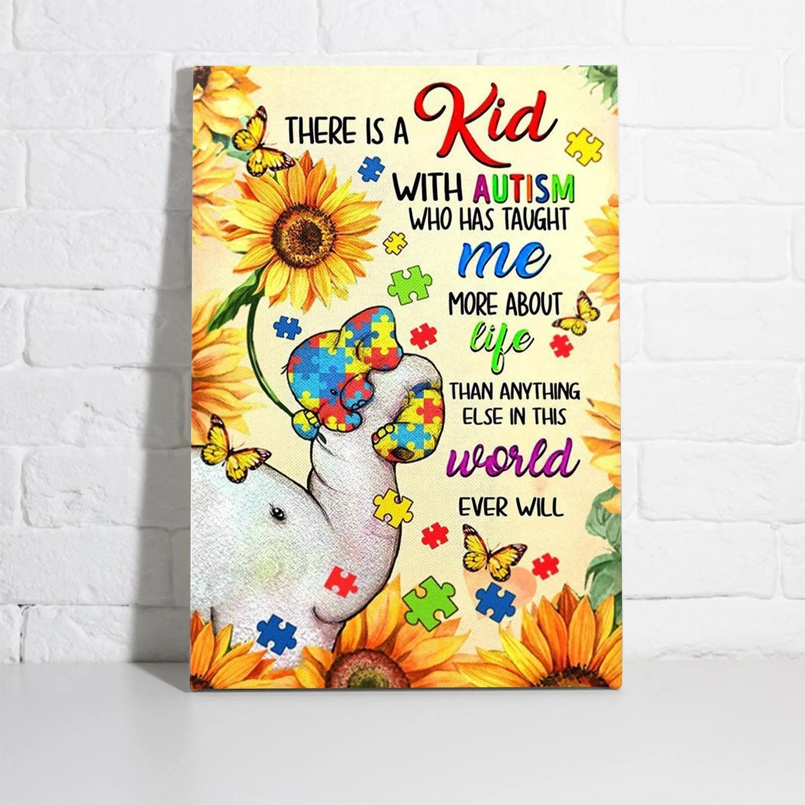 Autism Elephant Portrait Canvas - There Is A Kid With Autism Who Has Taught Me More About Life Premium Wrapped Canvas- Perfect Gift For Friend, Family