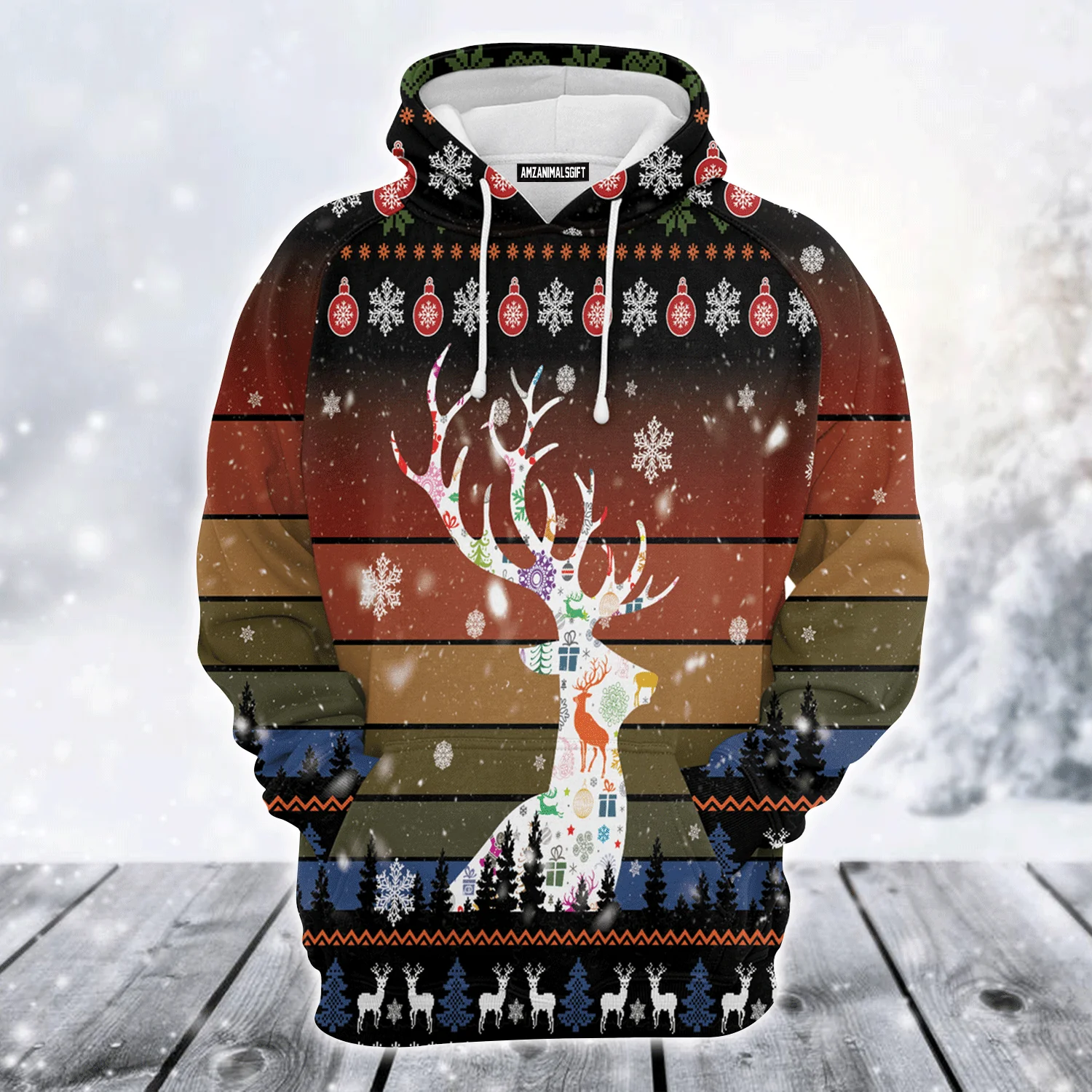 Awesome Deer Premium Christmas Hoodie, Vintage Background Awesome Deer Christmas Unisex Hoodie For Men & Women - Perfect Gift For Christmas, Family - Image 2