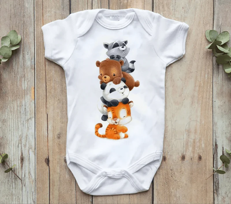 Baby Animals Baby Onesies, Watercolor Animals Cartoon Shirt Cat, Panda, Bear, Raccoon Cute Newborn Onesies - Perfect Gift For Baby, Baby Gift Onesie