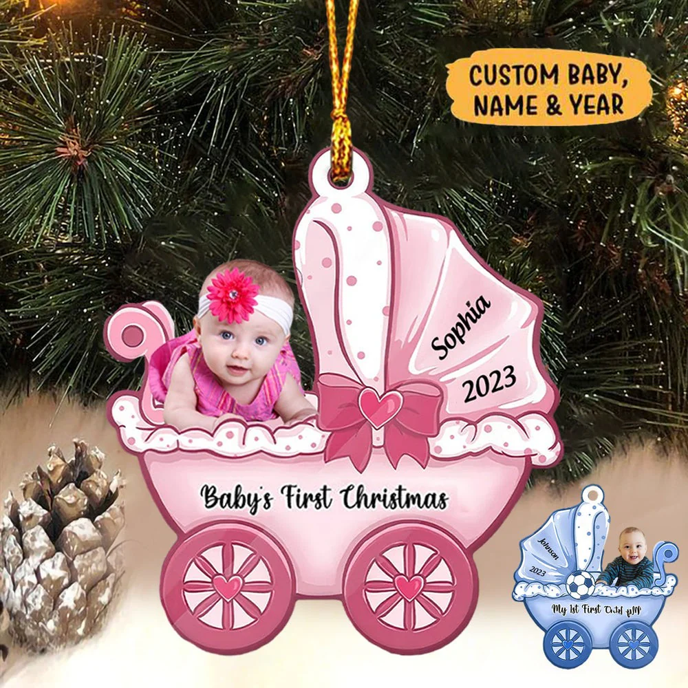 Baby On Carriage Christmas Personalized Photo Baby On Carriage Christmas Car Ornament Gift For Baby - Christmas Keychain Decor - Image 4
