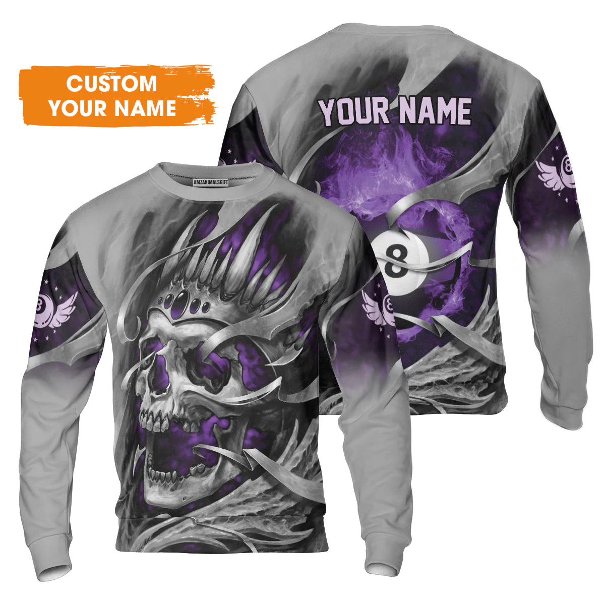 Ball Billiards Custom Name Men's Long Sleeve Polo Shirt, Personalized Billiards Skull Flaming Purple Long Sleeve Polo Shirt - Best Gift For Billiards Lovers - Image 5