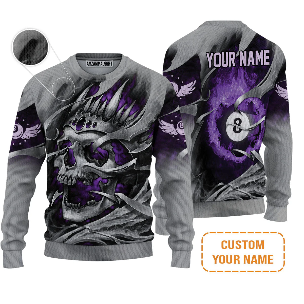 Ball Billiards Custom Name Men's Long Sleeve Polo Shirt, Personalized Billiards Skull Flaming Purple Long Sleeve Polo Shirt - Best Gift For Billiards Lovers - Image 7