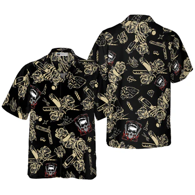Barber Hawaiian Shirt, Barber Shop Skull Aloha Shirt For Men - Gift For Barber, Husband, Boyfriend, Family, Friends