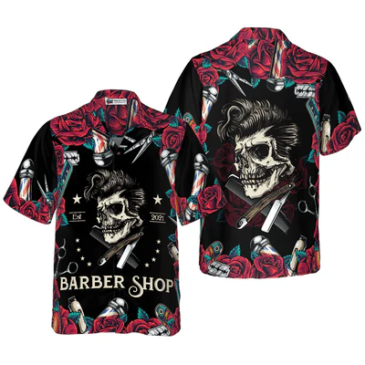 Barber Hawaiian Shirt, Rose & The Barber Skull Aloha Shirt For Men - Perfect Gift For Barber, Husband, Boyfriend, Friend, Family