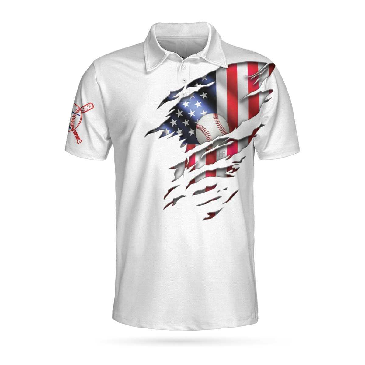 Baseball Men Polo Shirt, American Flag, White Baseball USA Flag Polo Shirt For Men - Gift For Baseball Players, Baseball Lovers - Image 3