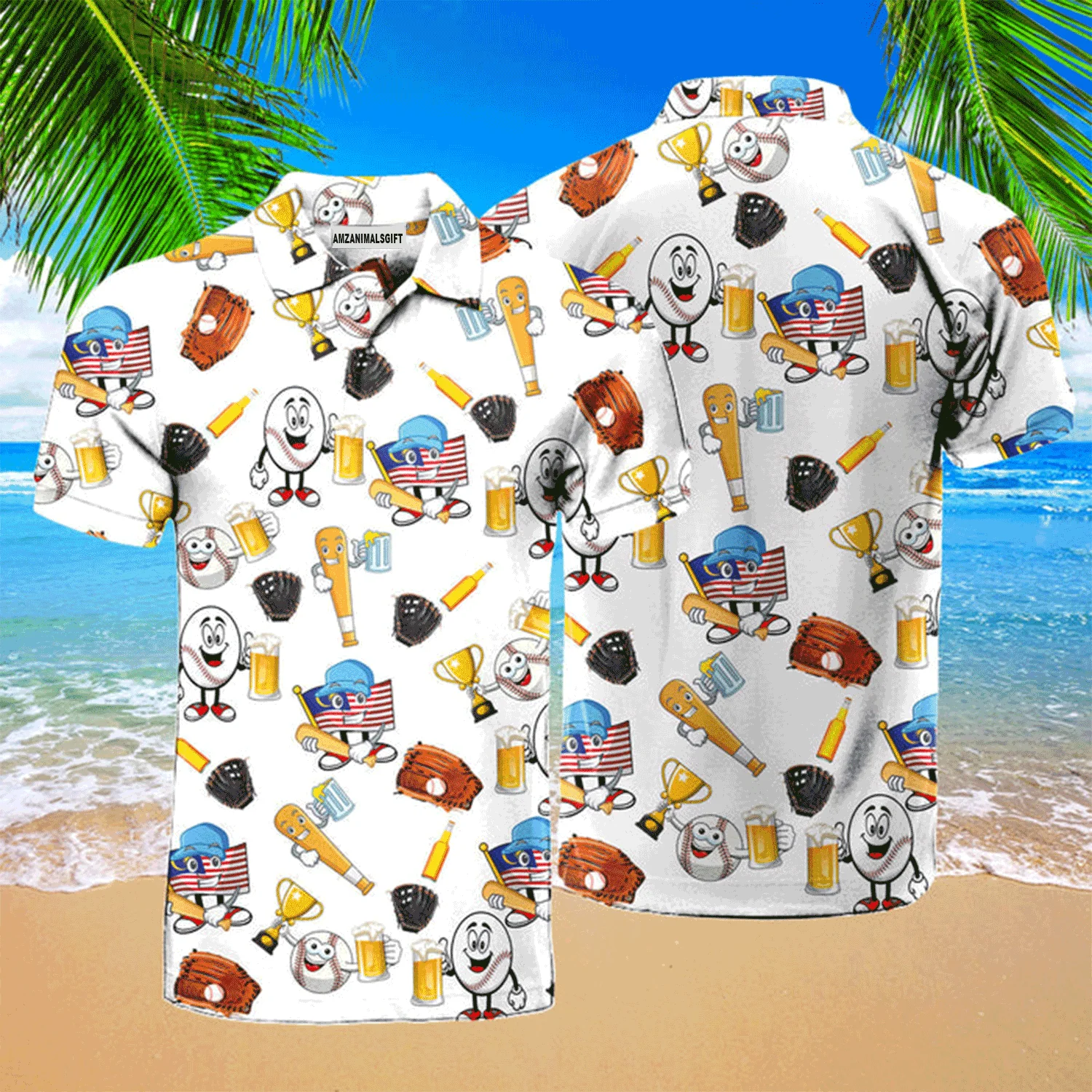 Baseball Men Polo Shirt, Baseball And Beer Pattern Polo Shirt For Men, Perfect Polo Shirt For Baseball Lovers