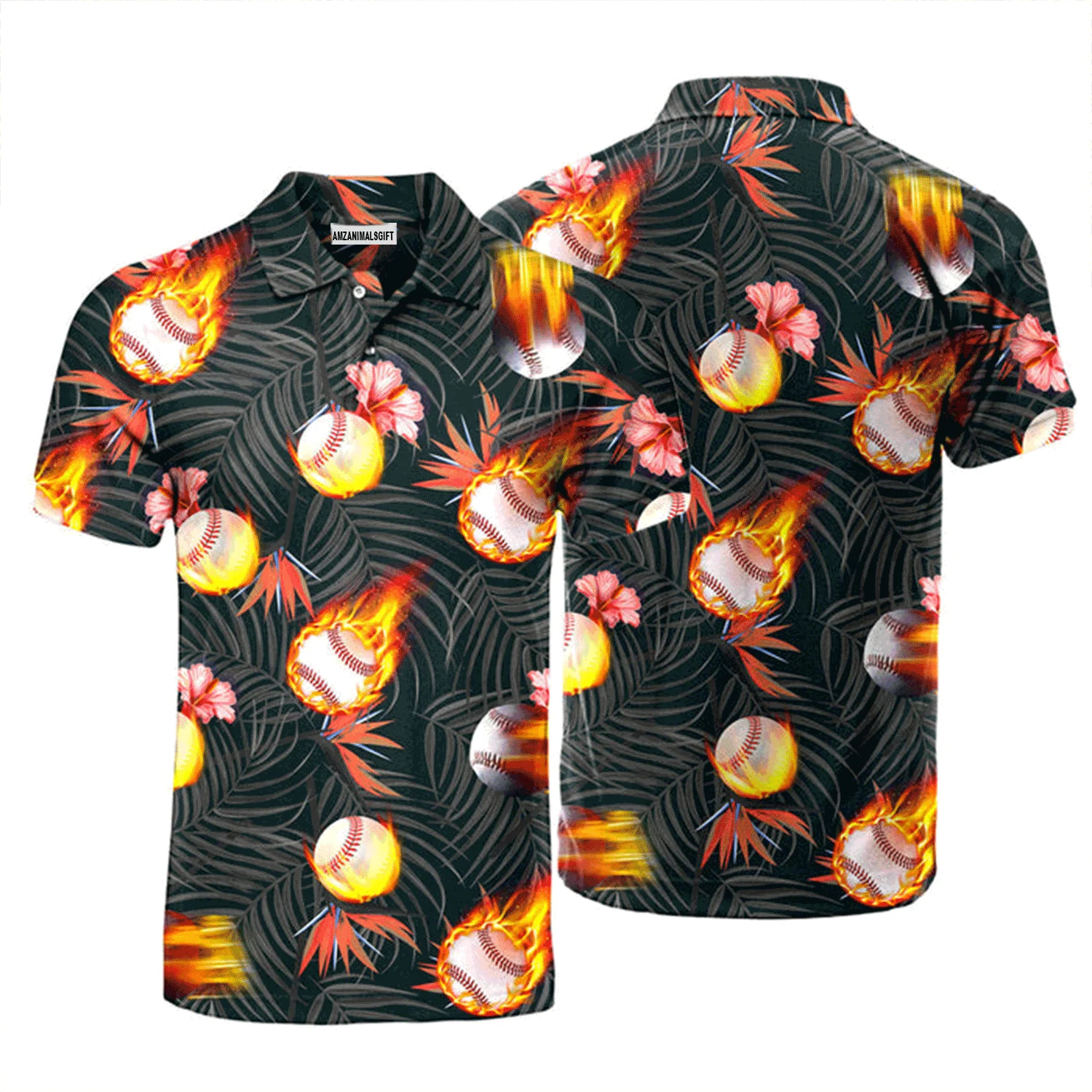 Baseball Men Polo Shirt, Baseball Fire Tropical Polo Shirt For Men, Perfect Polo Shirt For Baseball Lovers - Image 2