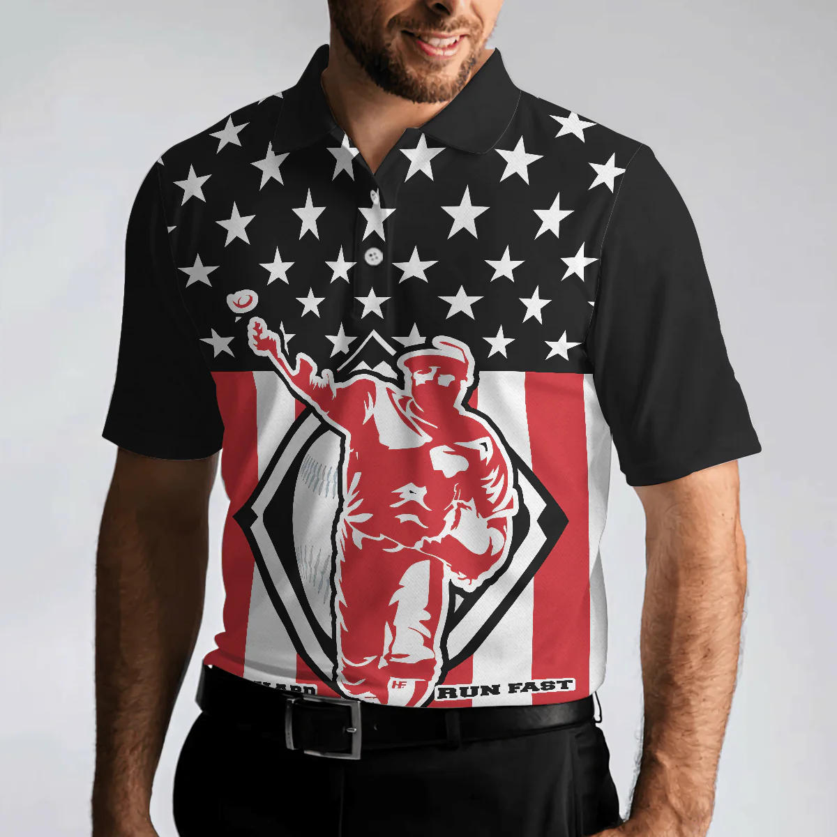Baseball Men Polo Shirt, Baseball Hit Hard Run Fast, Black Theme American Flag Polo Shirt, Best Baseball Shirt For Men, Gift For Baseball Lovers - Image 5