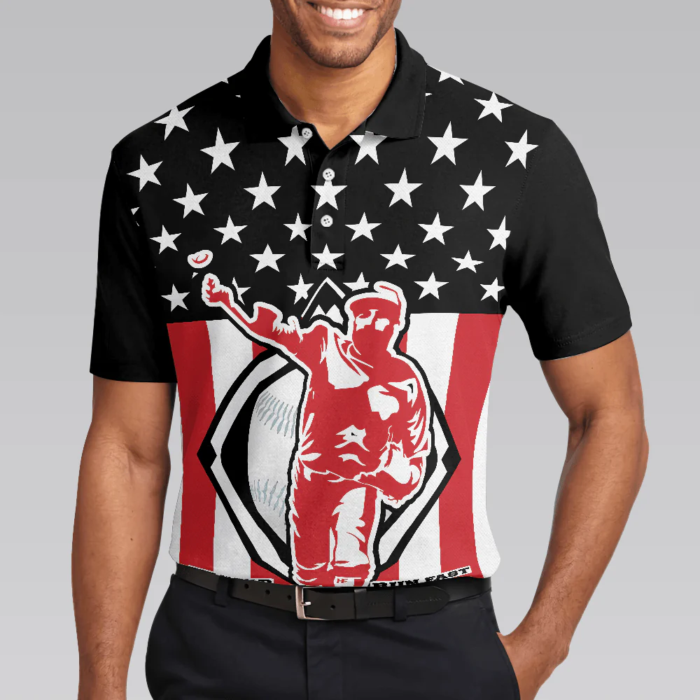 Baseball Men Polo Shirt, Baseball Hit Hard Run Fast, Black Theme American Flag Polo Shirt, Best Baseball Shirt For Men, Gift For Baseball Lovers - Image 6