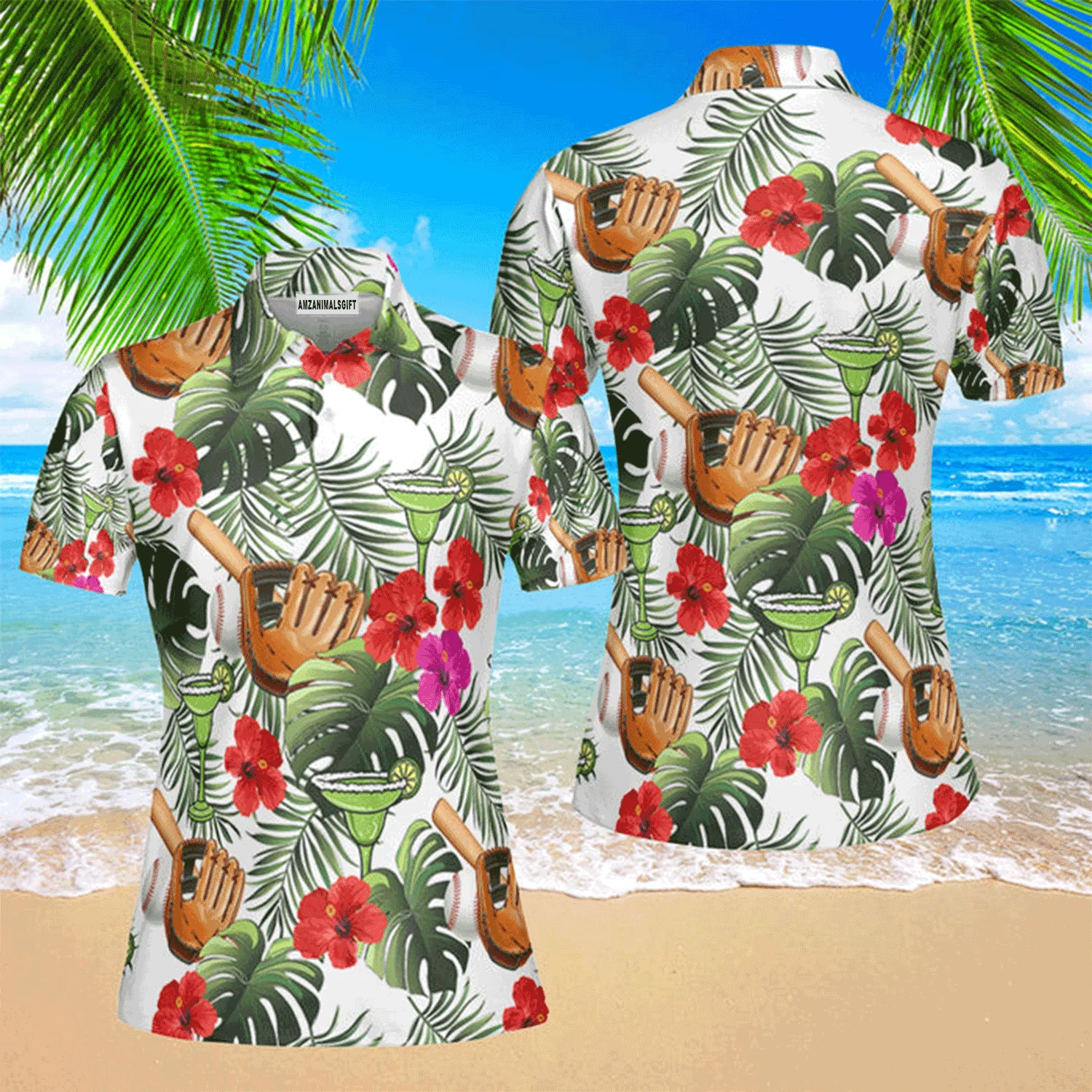 Baseball Women Polo Shirt, Baseball Tropical Leaves Summer Holiday Polo Shirt For Women, Perfect Polo Shirt For Baseball Lovers - Image 2