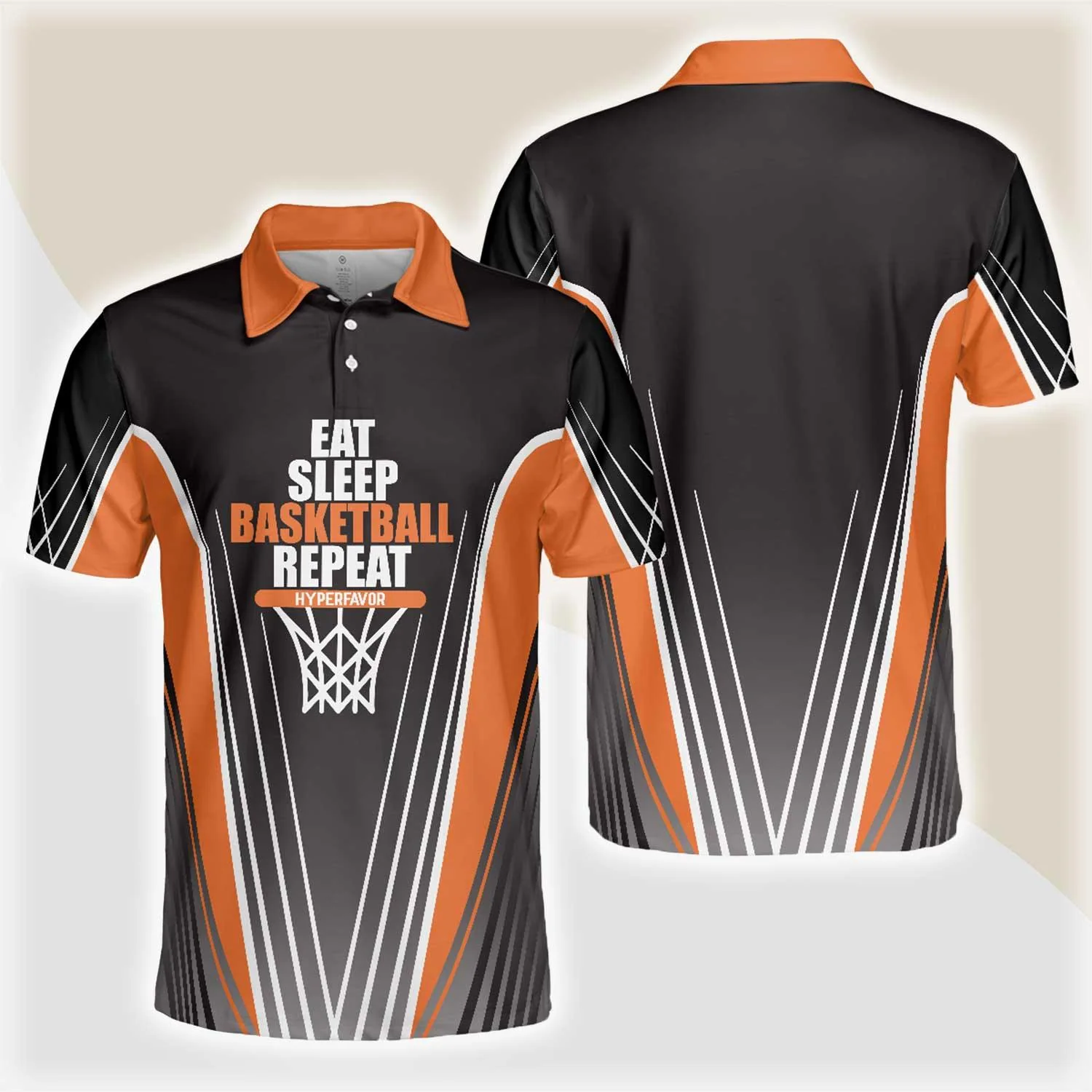Basketball Men Polo Shirt, Basketball Players, Eat Sleep Basketball Repeat, Black And Orange Basketball Shirt For Men, Gift For Basketball Lovers