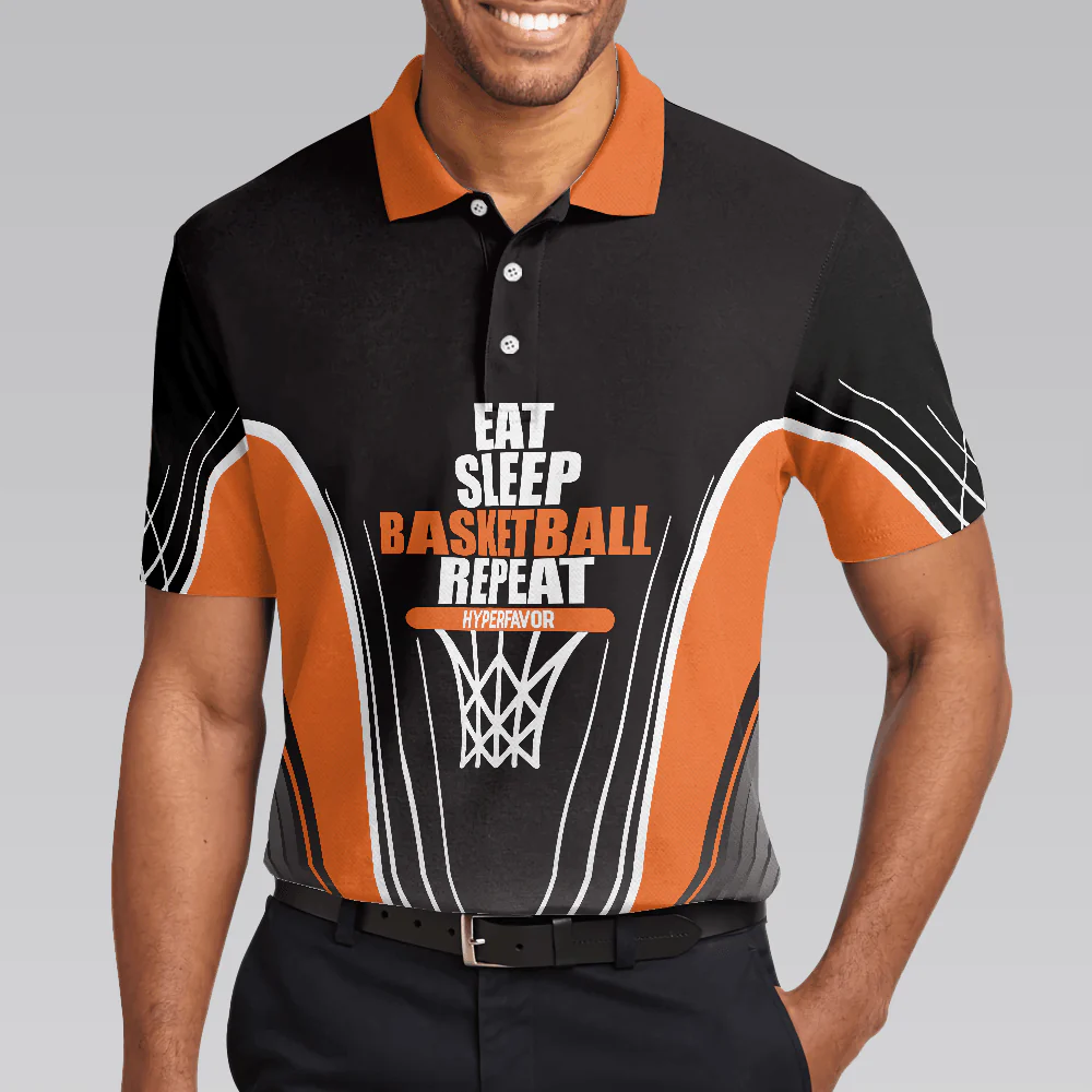 Basketball Men Polo Shirt, Basketball Players, Eat Sleep Basketball Repeat, Black And Orange Basketball Shirt For Men, Gift For Basketball Lovers - Image 5