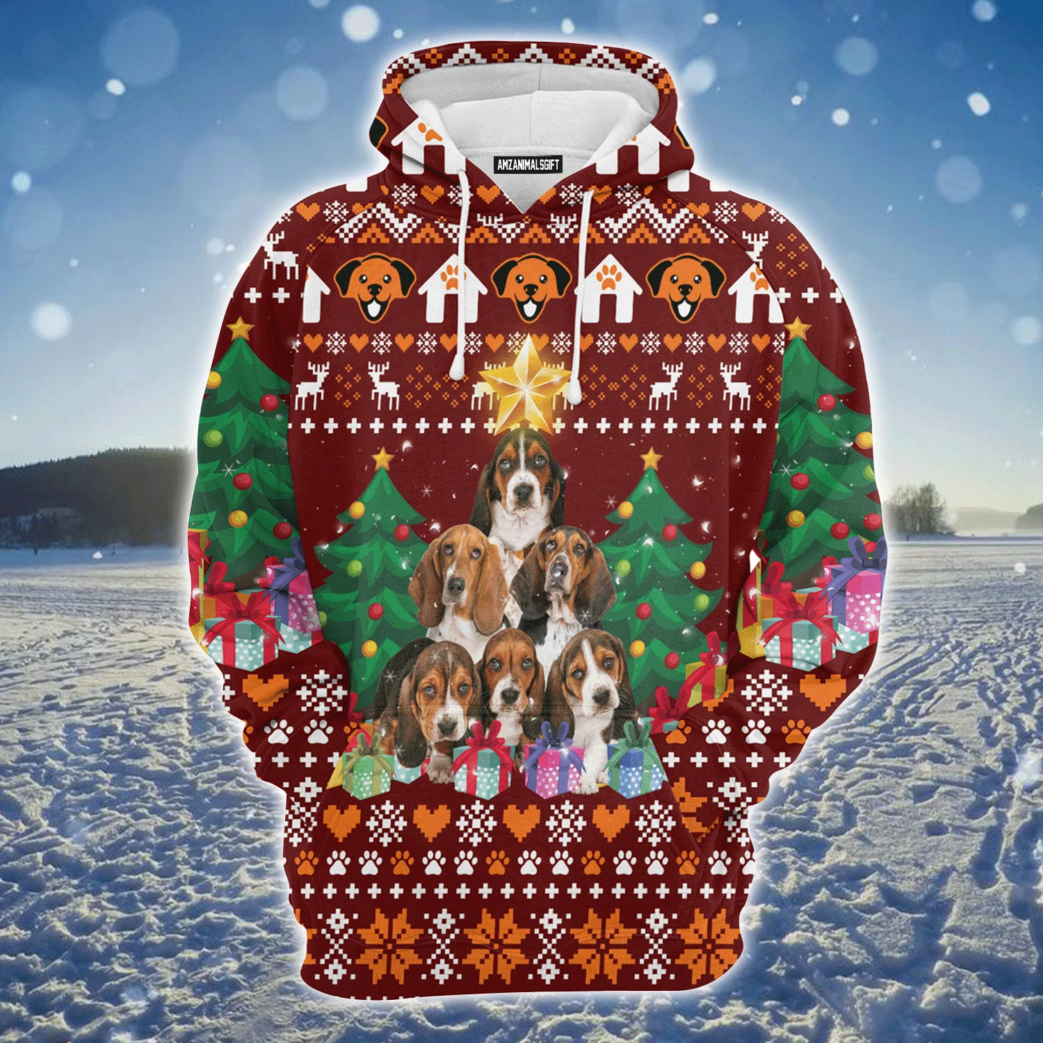 Basset Hound Premium Christmas Hoodie, Basset Hound Pine Tree Christmas Unisex Hoodie For Men & Women - Perfect Gift For Christmas, Friends, Family - Image 2