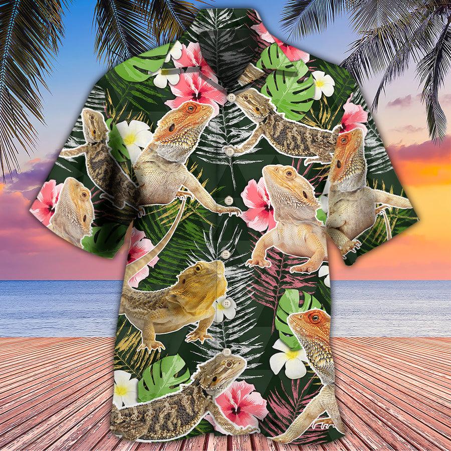Bearded Dragon Hawaiian Shirt For Summer, Tropical Leaves, Dragon Hibiscus Pattern Hawaiian Shirts Outfit For Men Women, Bearded Dragon Lovers