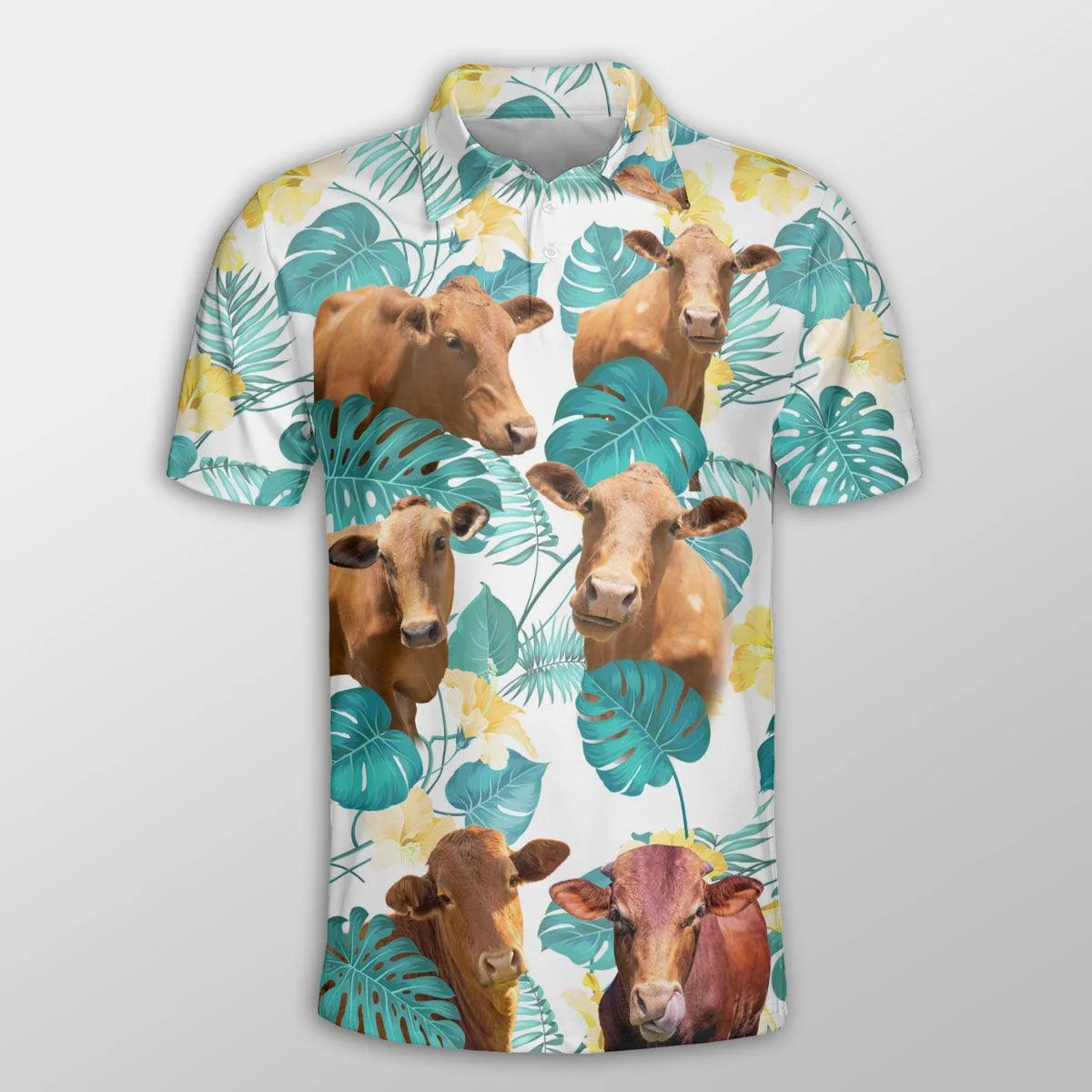 Beefmaster Men Polo Shirts For Summer - Beefmaster In Tropical Leaves Pattern Button Shirts For Men - Perfect Gift For Beefmaster Lovers, Cattle Lovers - Image 3