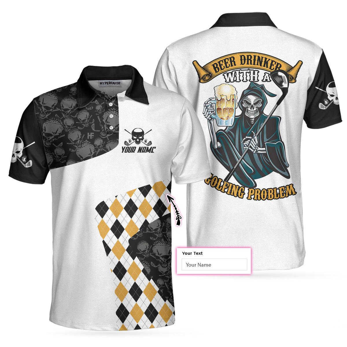 Beer and Golf Customized Name Men Polo Shirt, Beer Drinker With A Golfing Problem Polo Shirt, Skull Argyle Pattern Golf Shirt, Golf Shirt Beer Lovers