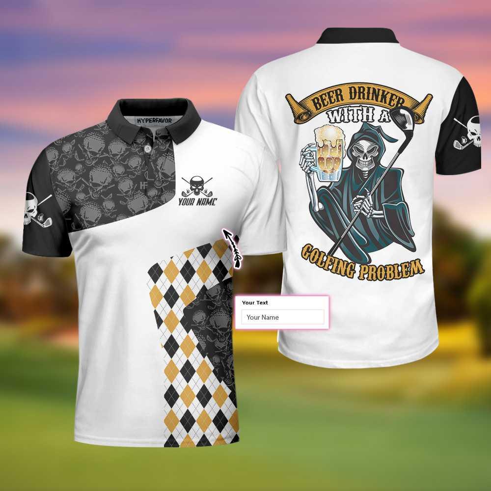 Beer and Golf Customized Name Men Polo Shirt, Beer Drinker With A Golfing Problem Polo Shirt, Skull Argyle Pattern Golf Shirt, Golf Shirt Beer Lovers - Image 4