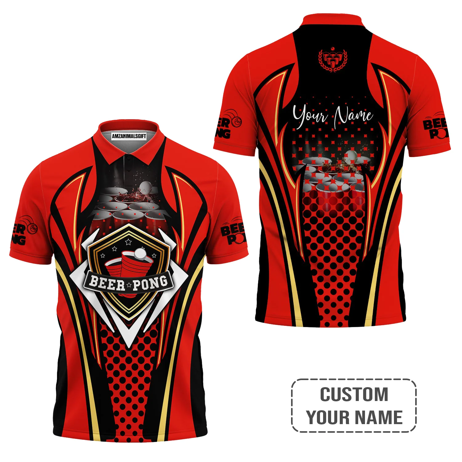 Beer Pong Customized T-Shirt, Personalized Red Black Beer Pong T-Shirt For Beer Pong Lovers, Beer Pong Team Players - Image 4