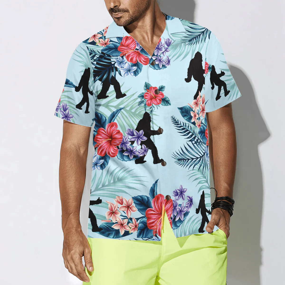Bigfoot Flower Hawaiian Shirt - Blue Floral And Leaves Hawaiian Shirt - Perfect Gift For Husband, Boyfriend, Friend, Family - Image 4