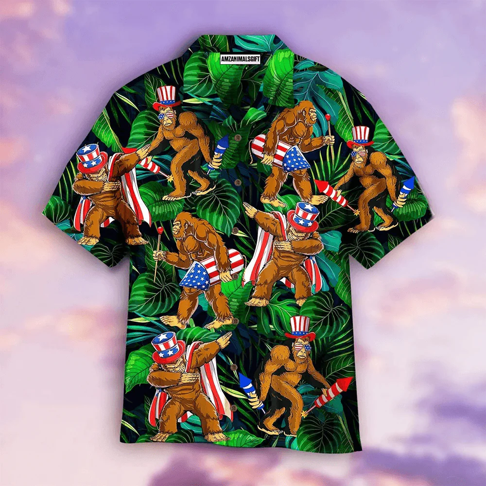 Bigfoot Happy Independence Day American Flag Aloha Hawaiian Shirts For Men Women, Tropical Leaves Hawaiian Shirt For Summer, Gift For Friend, Family - Image 2