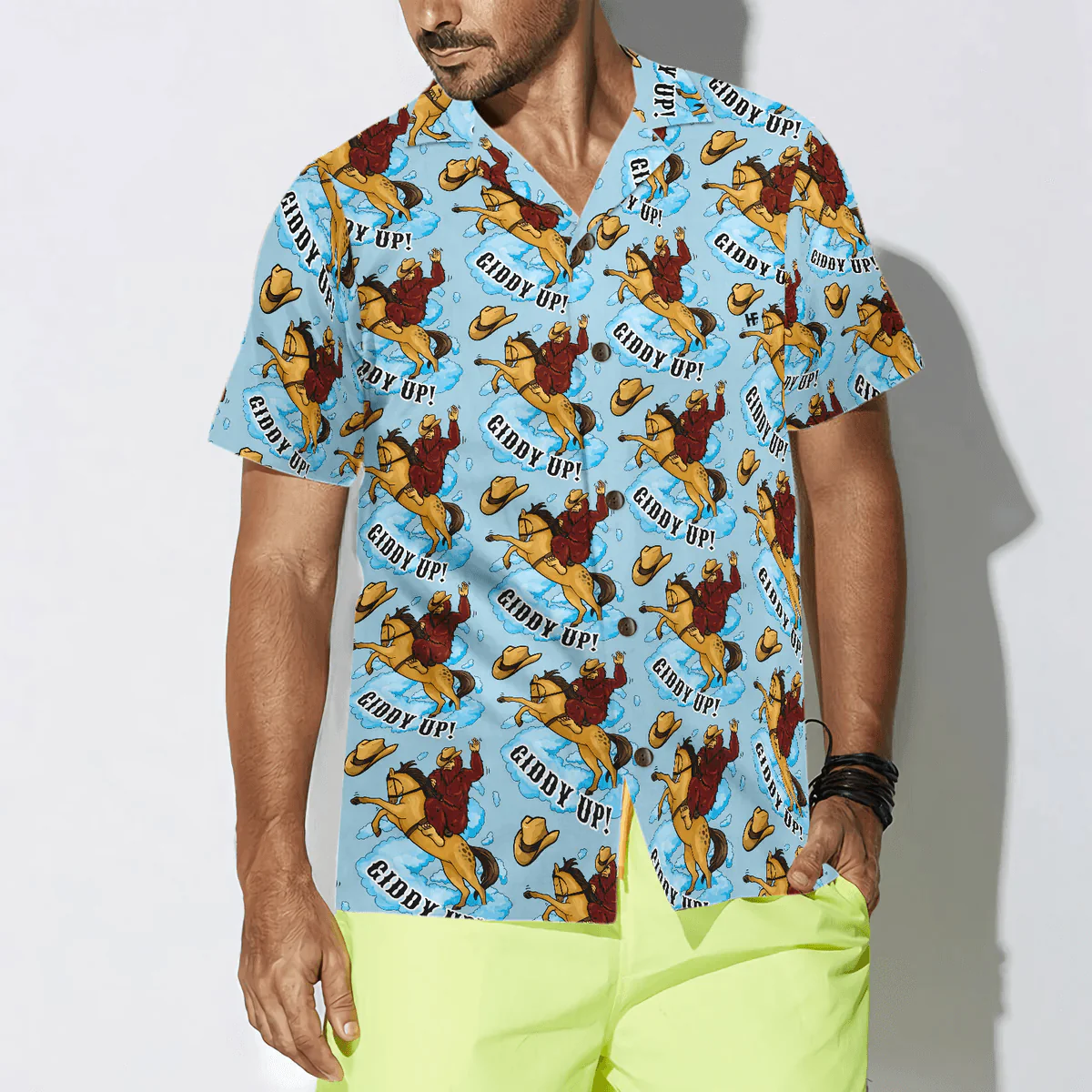 Bigfoot Hawaiian Shirt - Bigfoot Cowboy Giddy Up Hawaiian Shirt, Sky Blue Vintage Rodeo Horse Riding Hawaiian Shirt - Perfect Gift For Husband, Boyfriend, Friend, Family - Image 4