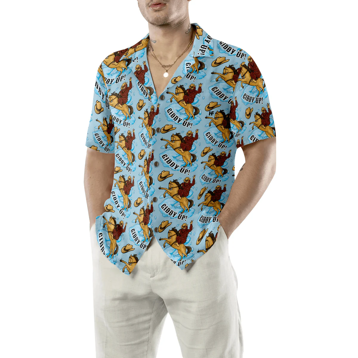 Bigfoot Hawaiian Shirt - Bigfoot Cowboy Giddy Up Hawaiian Shirt, Sky Blue Vintage Rodeo Horse Riding Hawaiian Shirt - Perfect Gift For Husband, Boyfriend, Friend, Family - Image 5