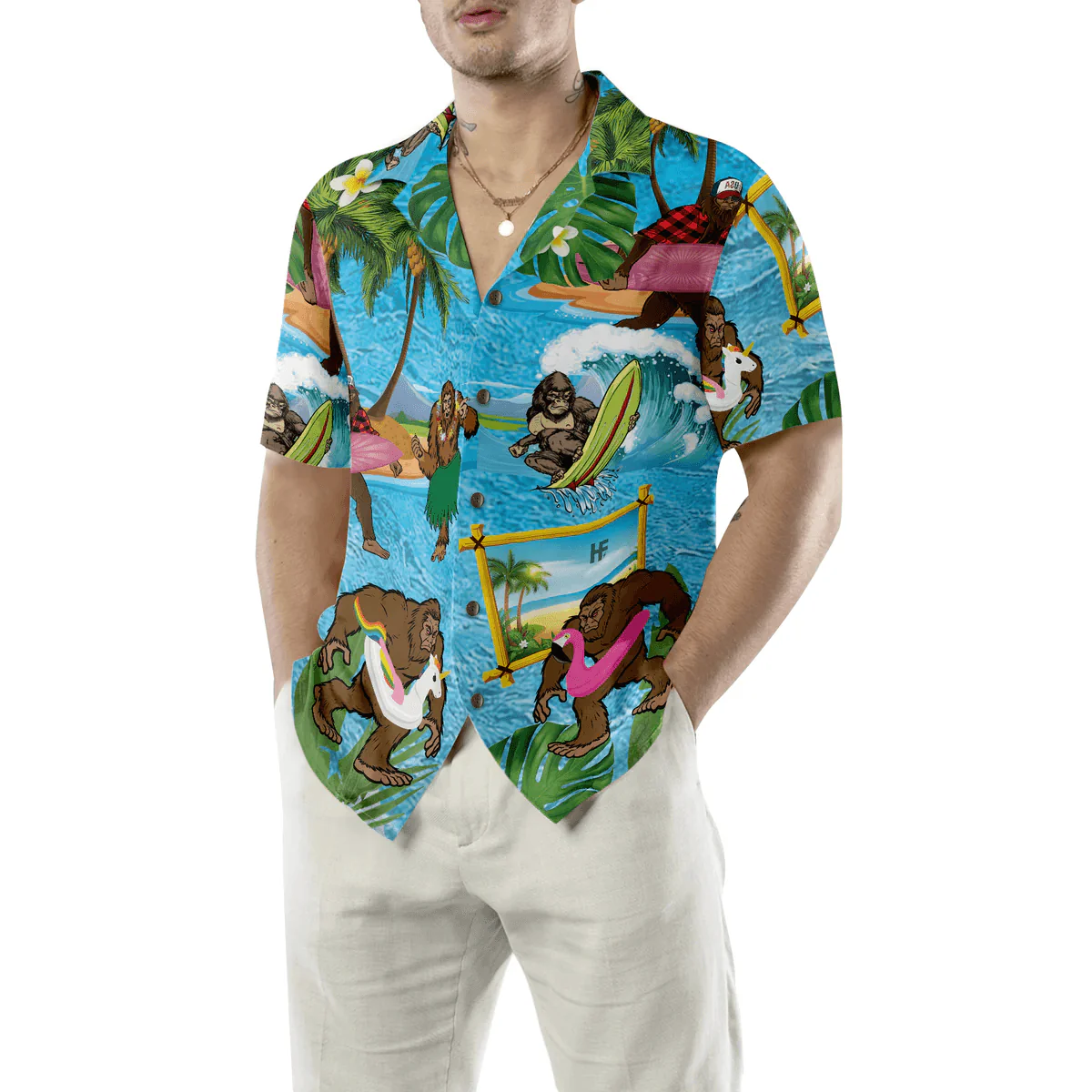 Bigfoot Hawaiian Shirt - Bigfoot On The Beach Hawaiian Shirt, Tropical Aloha Wave Surfing Hawaiian Shirt - Perfect Gift For Husband, Boyfriend, Friend, Family - Image 5
