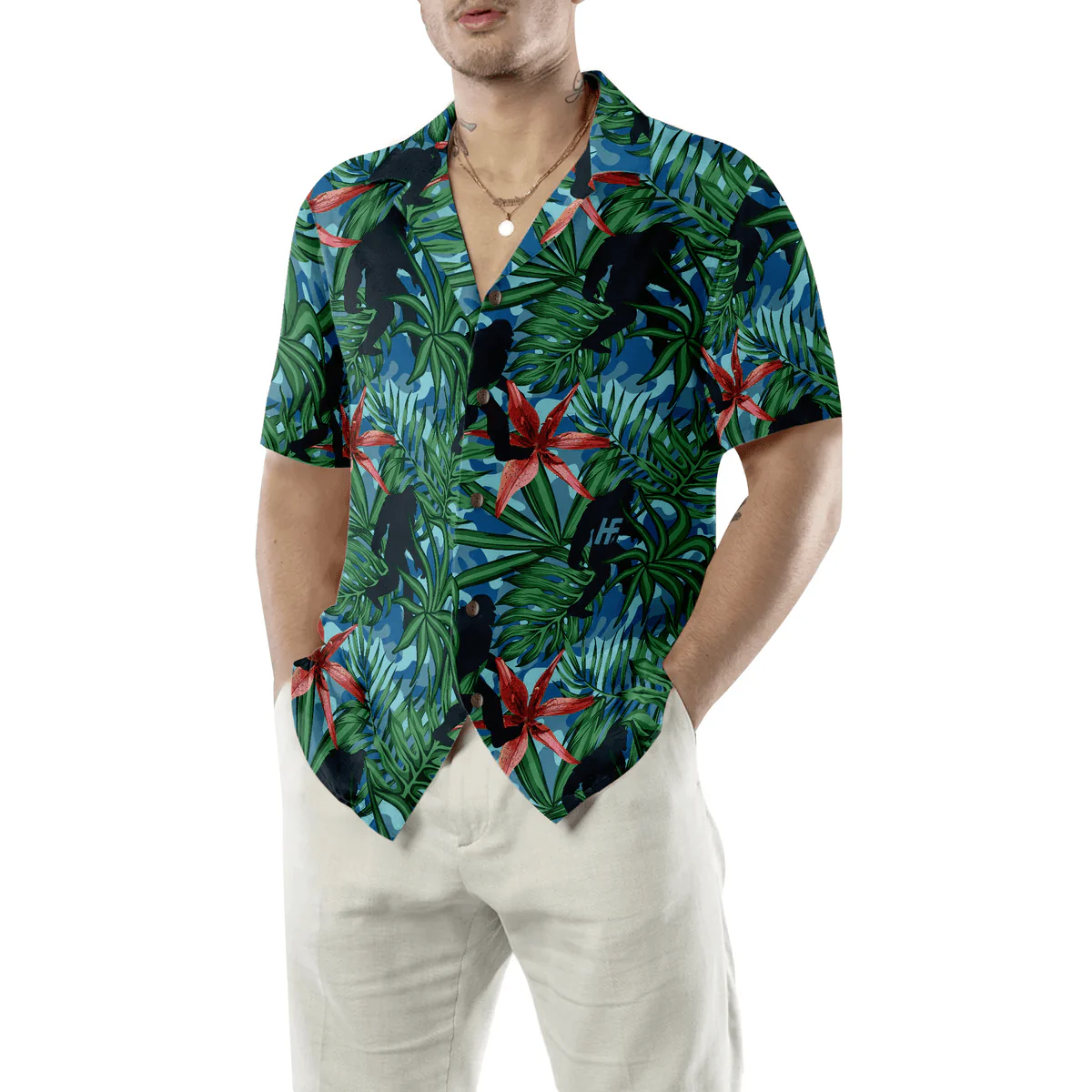 Bigfoot Hawaiian Shirt, Bigfoot Silhouette Walking Hawaiian Shirt, Tropical Forest Floral Bigfoot Shirt For Men Hawaiian Shirt - Perfect Gift For Husband, Boyfriend, Friend, Family - Image 3
