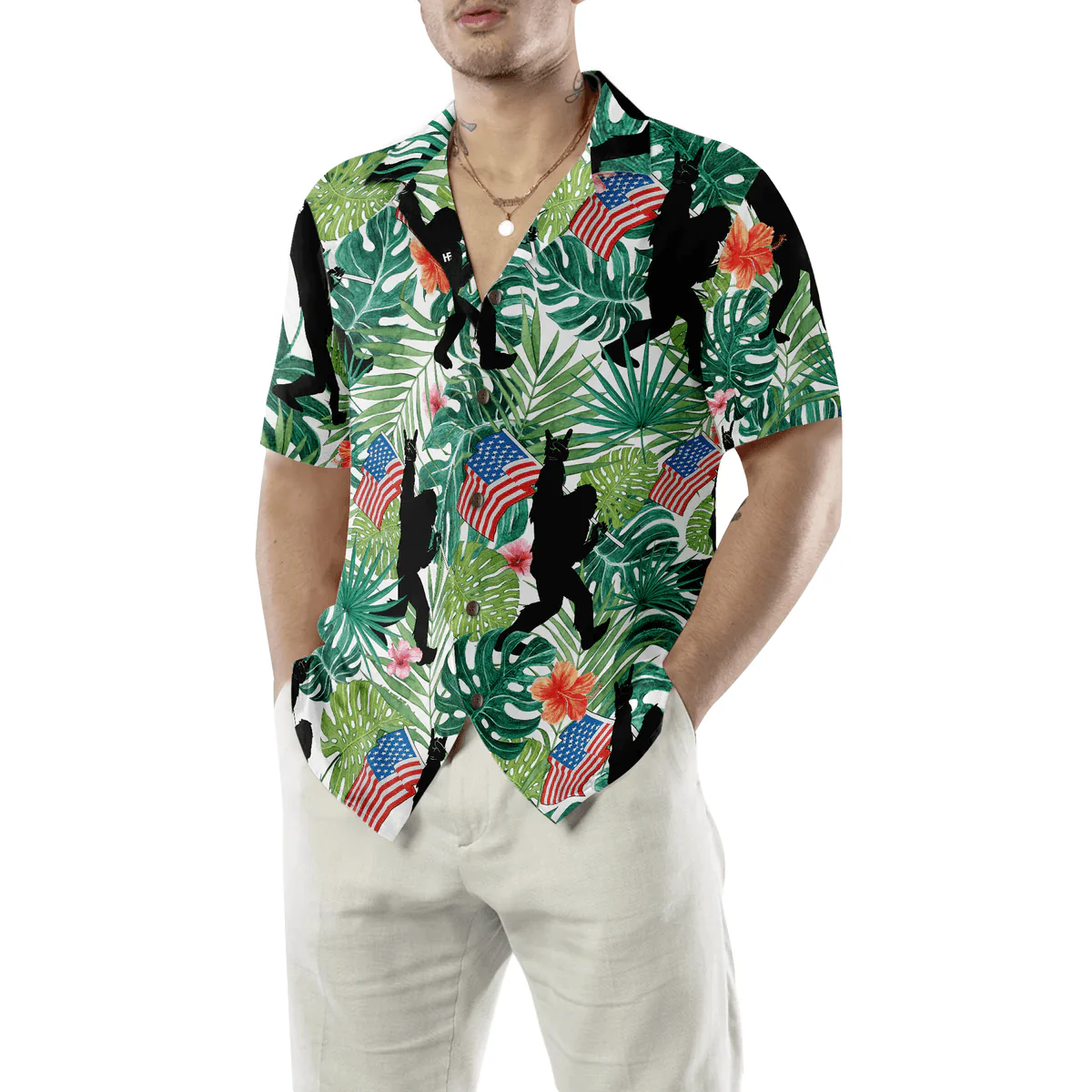 Bigfoot Hawaiian Shirt, Bigfoot Tropical Hold USA Flag Bigfoot Hawaiian Shirt For Men Hawaiian Shirt - Perfect Gift For Husband, Boyfriend, Friend, Family - Image 5