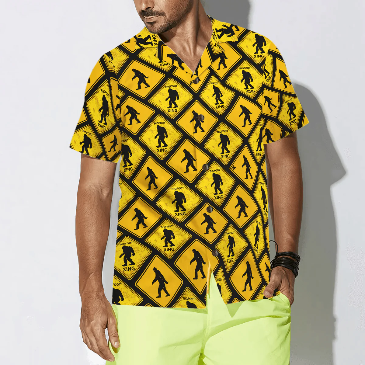 Bigfoot Hawaiian Shirt - Bigfoot Yellow Square Bigfoot Hawaiian Shirt, Diamond Pattern Caution Signs Hawaiian Shirt - Perfect Gift For Husband, Boyfriend, Friend, Family - Image 4