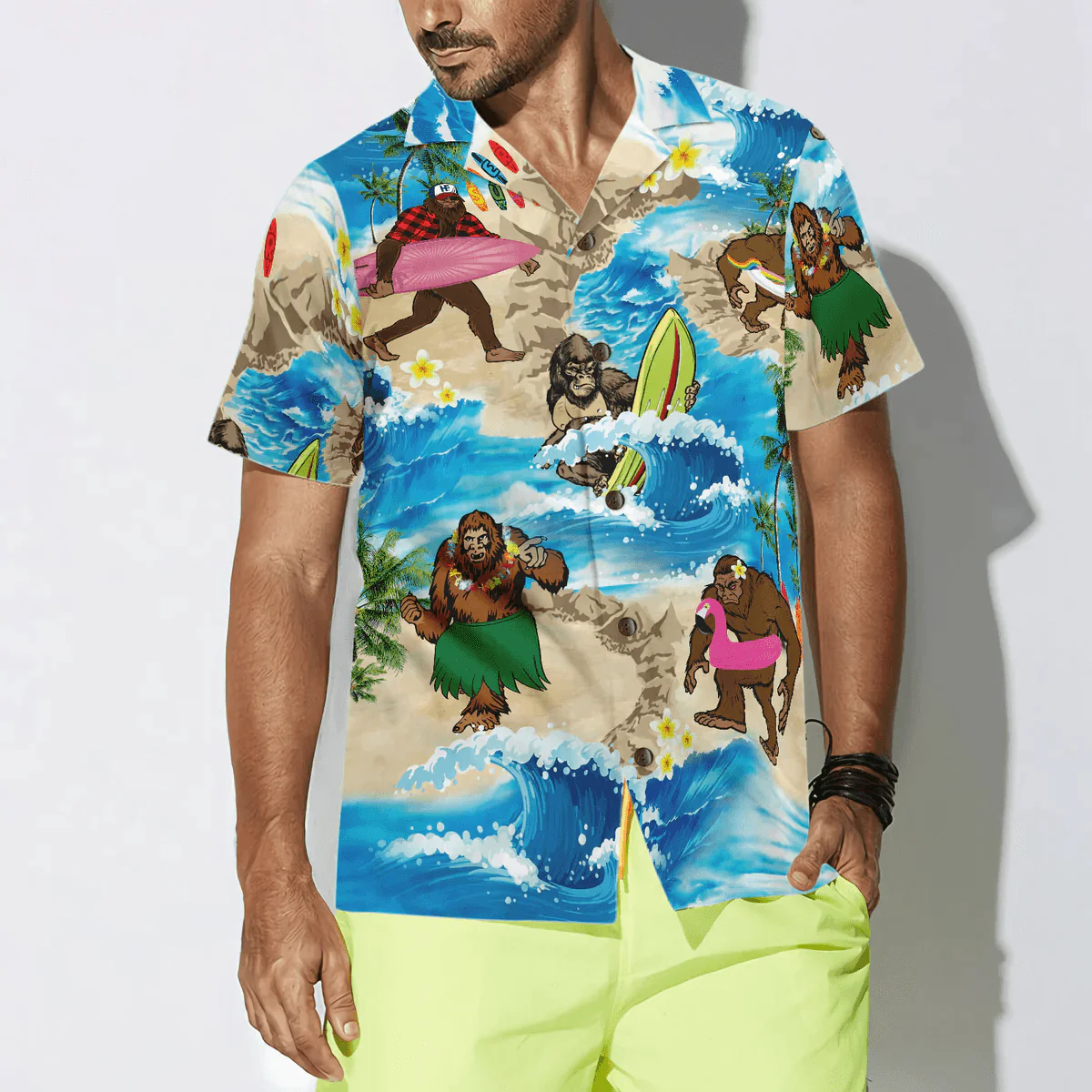 Bigfoot Hawaiian Shirt - Bigfoots Are On Summer Hawaiian Shirt, Tropical Aloha Wave Surfing Bigfoot Hawaiian Shirt - Perfect Gift For Husband, Boyfriend, Friend, Family - Image 3