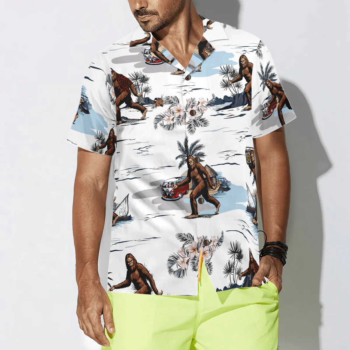 Bigfoot Hawaiian Shirt, Bigfoots Are Ready For Summer Hawaiian Shirt, White Tropical Floral Bus Trip Bigfoot Hawaiian Shirt - Perfect Gift For Husband, Boyfriend, Friend, Family - Image 4
